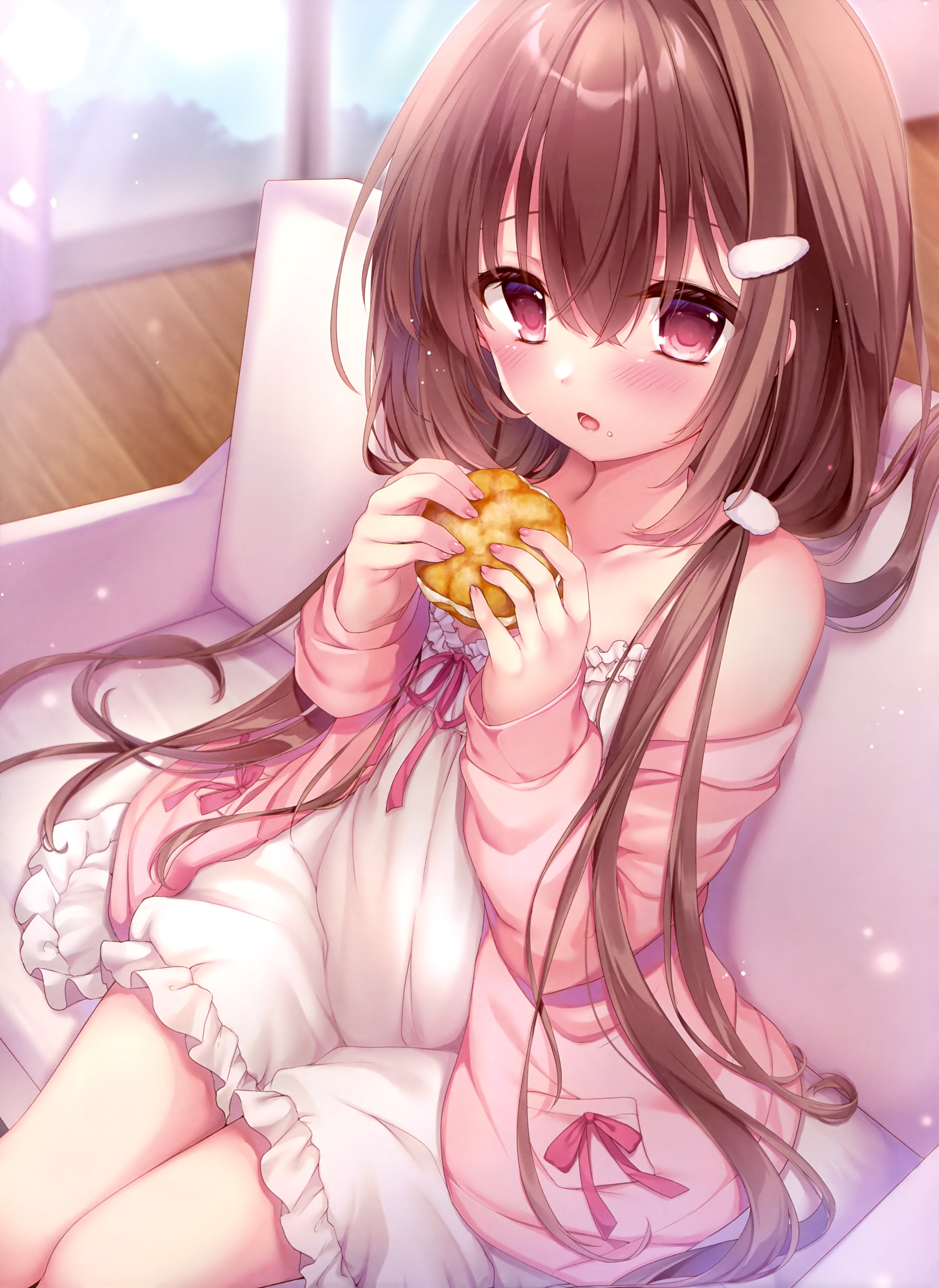 kurumi komomo, dengeki moeoh, original, absurdres, highres, magazine scan, scan, third-party source, 1girl, blush, brown hair, collarbone, couch, cowboy shot, dress, dress ribbon, food, food on face, frilled dress, frills, hair between eyes, hair ornament, hair spread out, holding, holding food, indoors, jacket, jacket partially removed, lens flare, long hair, looking at viewer, low twintails, on couch, open mouth, pink jacket, pink nails, pink ribbon, red eyes, ribbon, short dress, sitting, solo, sunlight, twintails, very long hair, white dress