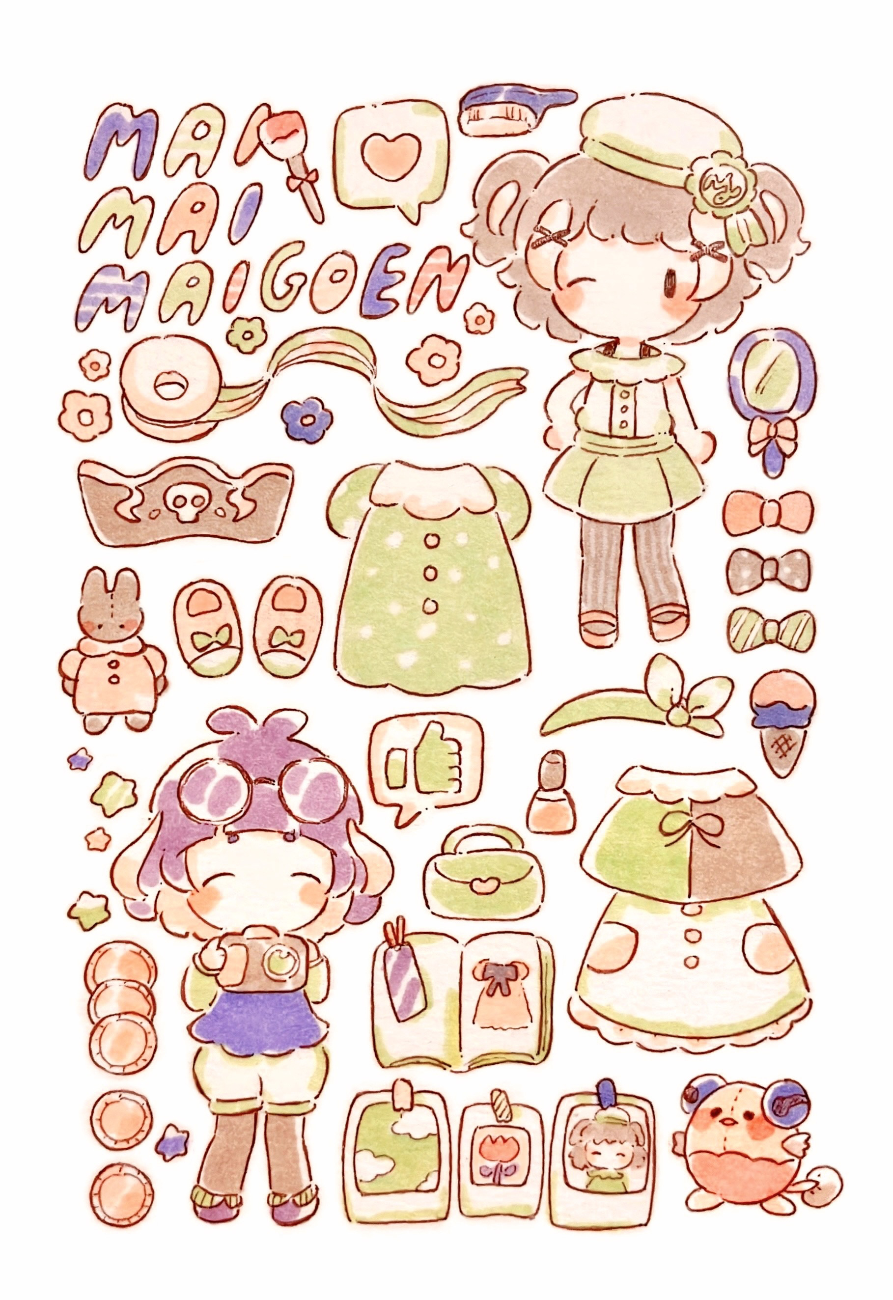 yukichi 0611, maimaimaigoen, absurdres, commentary request, highres, traditional media, 2girls, black eyes, blue shirt, brown hair, camera, copyright name, eyewear on head, glasses, green skirt, grey pantyhose, holding, holding camera, madoka (maimaimaigoen), mirror, multiple girls, no mouth, no nose, pantyhose, purple hair, shirt, short hair, shorts, skirt, solid oval eyes, spoken thumbs up, stuffed animal, stuffed rabbit, stuffed toy, white shorts, yuzuriha (maimaimaigoen)