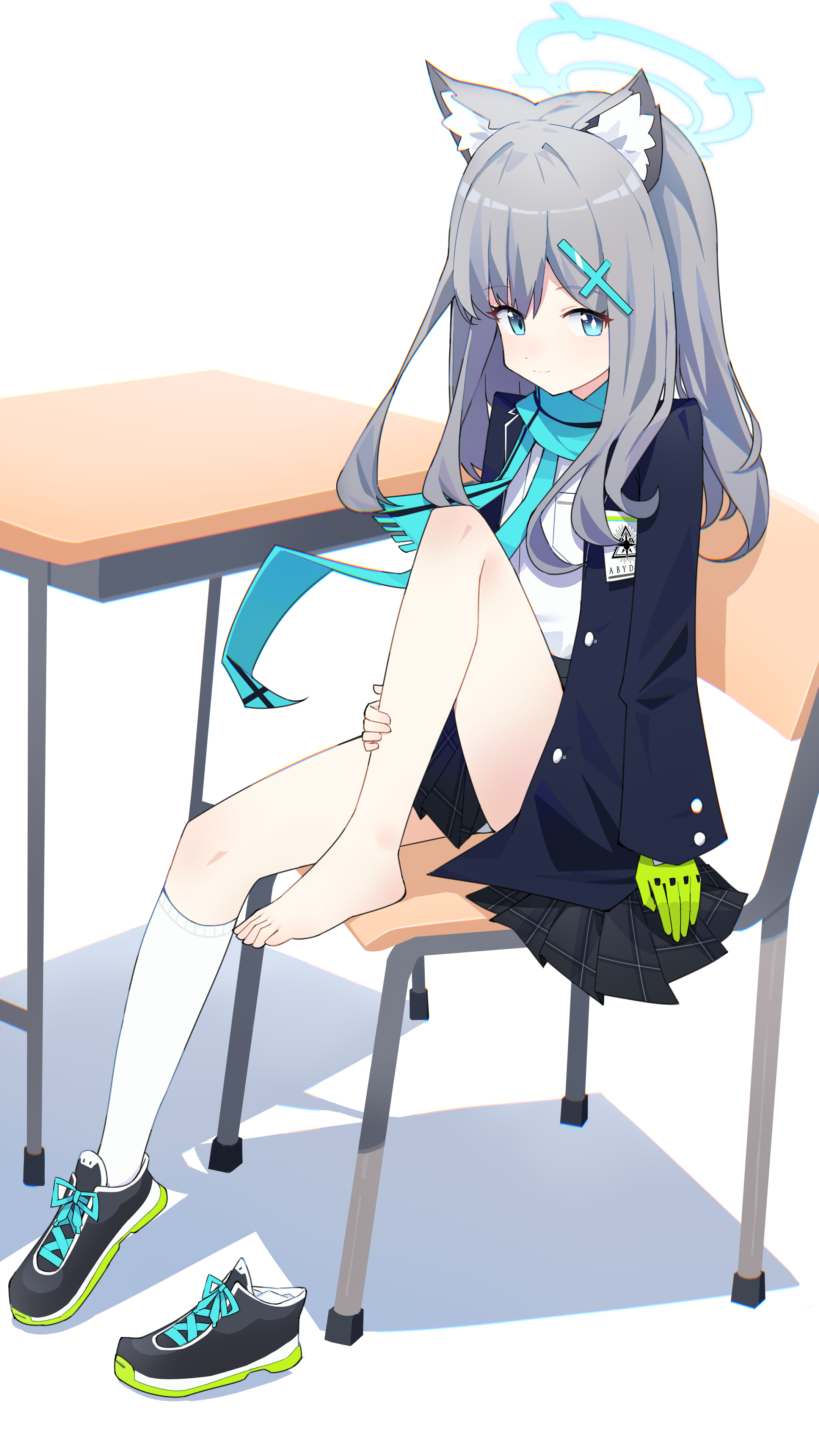 anleewind, shiroko (blue archive), blue archive, absurdres, commentary, highres, 1girl, animal ear fluff, animal ears, black shoes, black skirt, blue eyes, blue halo, blue jacket, blue necktie, blue scarf, breast pocket, bright pupils, chair, closed mouth, cross hair ornament, desk, extra ears, feet, full body, gloves, green gloves, grey hair, hair ornament, halo, jacket, knee up, kneehighs, long sleeves, looking at viewer, medium hair, miniskirt, mismatched pupils, necktie, on chair, open clothes, open jacket, plaid clothes, plaid skirt, pleated skirt, pocket, scarf, school chair, school desk, school uniform, shadow, shirt, shoes, simple background, single bare foot, single glove, sitting, skirt, smile, sneakers, socks, solo, toes, unworn shoes, white background, white pupils, white shirt, white socks, wolf ears, wolf girl