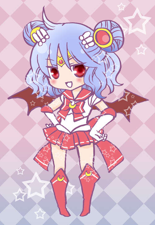 mucco, remilia scarlet, sailor moon, bishoujo senshi sailor moon, touhou, 1girl, alternate costume, alternate hairstyle, bat wings, blue hair, boots, bow, checkered background, cosplay, crescent, double bun, elbow gloves, female focus, gloves, knee boots, magical girl, red bow, red eyes, sailor moon (cosplay), solo, star (symbol), white gloves, wings