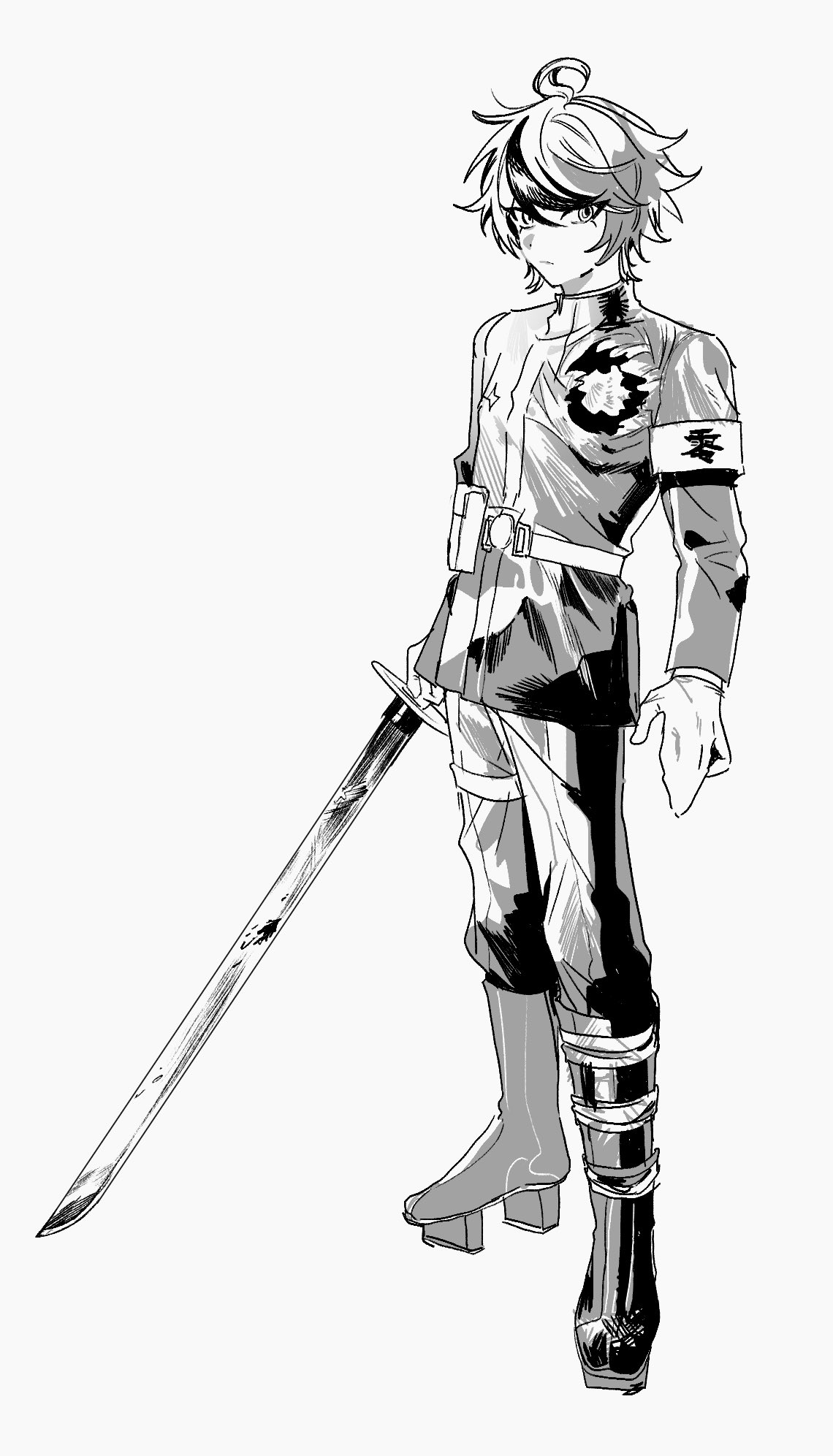 sumino takumi, the hundred line -last defense academy-, commentary, highres, 1boy, ahoge, armband, belt, belt pouch, boots, closed mouth, expressionless, full body, gakuran, geta, gloves, greyscale, hair between eyes, high collar, holding, holding sword, holding weapon, hole in chest, hole on body, jacket, last defense academy school uniform, long sleeves, male focus, monochrome, multicolored hair, pants, pouch, school uniform, short hair, simple background, solo, streaked hair, sword, thigh strap, tsurime, two-tone hair, weapon, white background, yasose