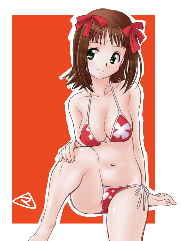 mercy rabbit, amami haruka, idolmaster, idolmaster (classic), 1girl, arm support, bikini, bow, breasts, brown hair, cameltoe, cleavage, covered erect nipples, female focus, floral print, green eyes, hair bow, medium breasts, navel, red bikini, shiny skin, short hair, side-tie bikini bottom, smile, solo, string bikini, swimsuit