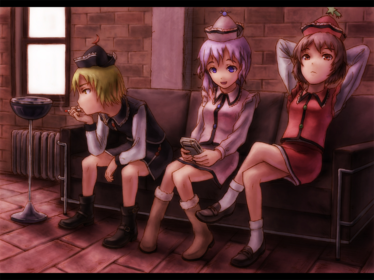 kurione (pixiv), kurione (zassou), lunasa prismriver, lyrica prismriver, merlin prismriver, touhou, light purple hair, bad id, bad pixiv id, 3girls, arms behind head, between legs, blonde hair, boots, brown eyes, brown hair, cigarette, couch, crossed legs, female focus, game boy, game boy (original), hand between legs, handheld game console, hat, leaning back, leaning forward, legs, letterboxed, multiple girls, playing games, purple hair, short hair, siblings, sisters, sitting, skirt, smoking, window, yellow eyes