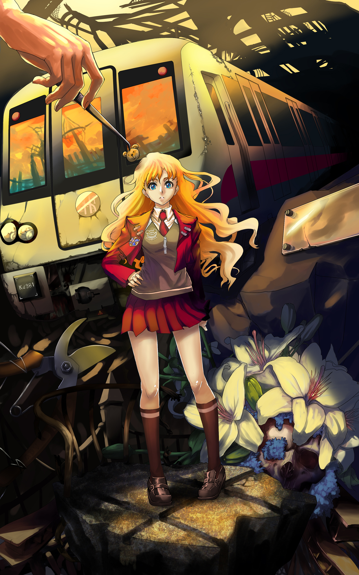realmbw, original, highres, 1girl, black socks, blonde hair, blue eyes, female focus, flower, kneehighs, legs, loafers, long hair, mini person, minigirl, school uniform, shoes, skirt, skull, socks, solo, train
