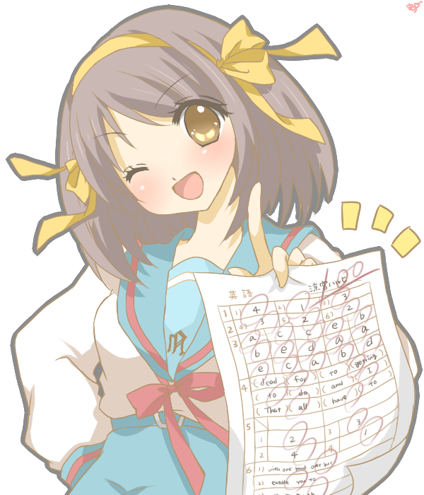 mashiro momo, suzumiya haruhi, suzumiya haruhi no yuuutsu, bad id, bad pixiv id, 1girl, academic test, brown eyes, brown hair, female focus, hair ribbon, hairband, one eye closed, ribbon, school uniform, serafuku, short hair, simple background, solo, test paper, test score, white background, wink