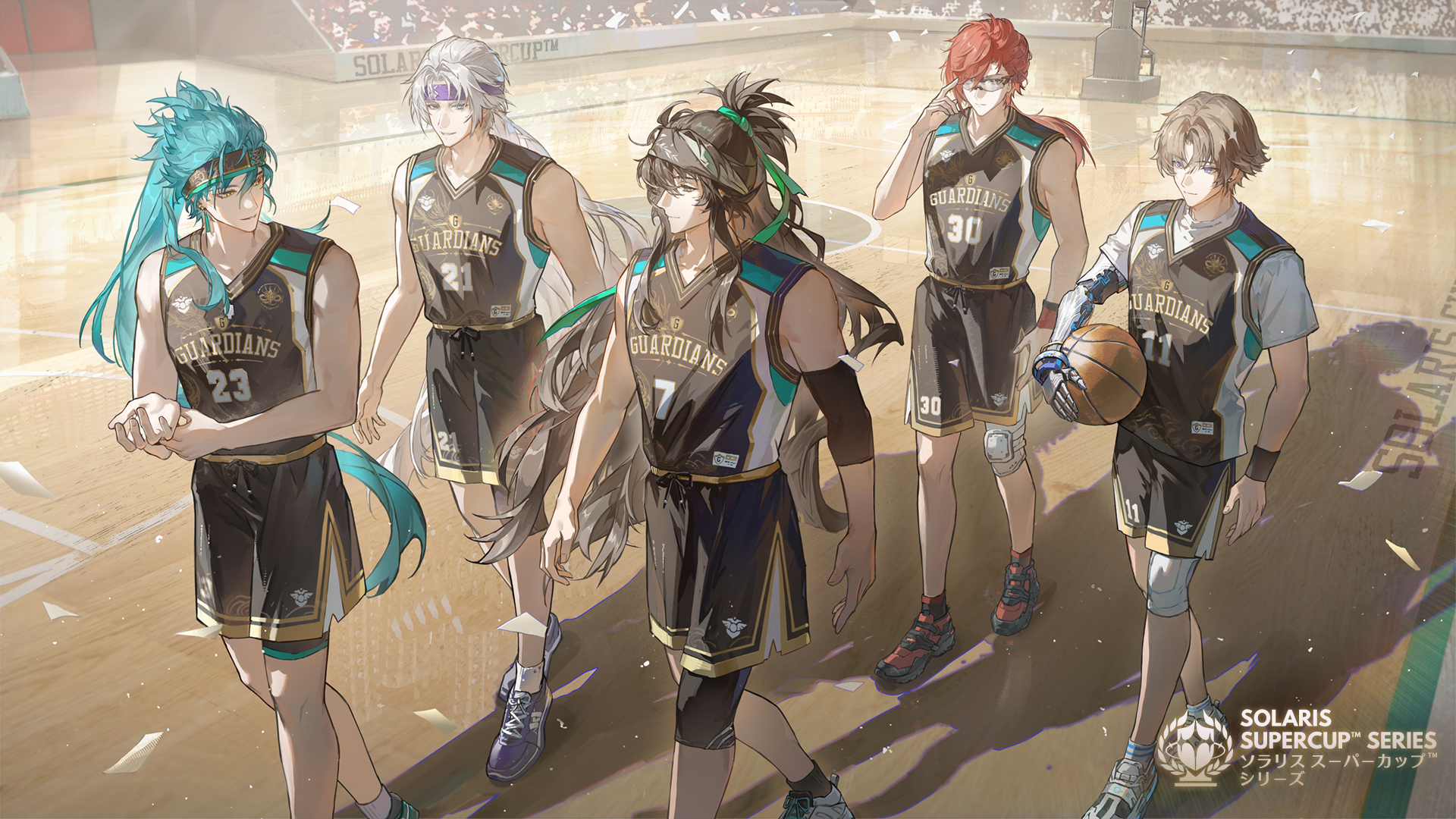 ming zhentan allk, calcharo (wuthering waves), jiyan (wuthering waves), mortefi (wuthering waves), qiuyuan (wuthering waves), xiangli yao (wuthering waves), wuthering waves, commentary request, highres, official art, second-party source, 5boys, ball, basketball, basketball (object), basketball uniform, black hair, black hairband, black shirt, black shorts, brown hair, green hair, grey hair, guest art, hairband, holding, holding ball, indoors, logo, long hair, looking at another, male focus, multiple boys, ponytail, purple hairband, red hair, shirt, short hair, shorts, sportswear, very long hair