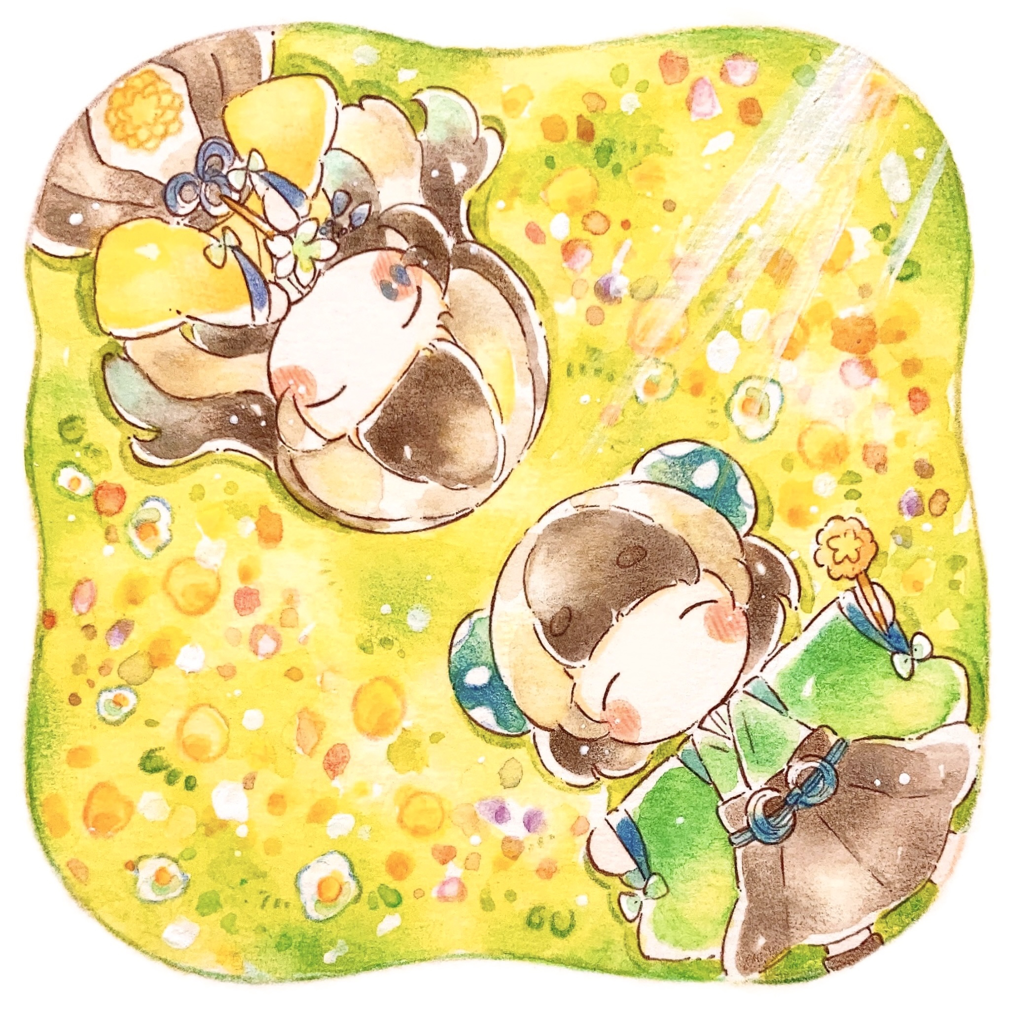 yukichi 0611, maimaimaigoen, colored pencil (medium), commentary request, highres, painting (medium), traditional media, watercolor (medium), 2girls, blush, border, closed eyes, hakama, hakama skirt, japanese clothes, lime (maimaimaigoen), lion (maimaimaigoen), long sleeves, multiple girls, no mouth, no nose, siblings, sisters, skirt, sunlight, white border, wide sleeves