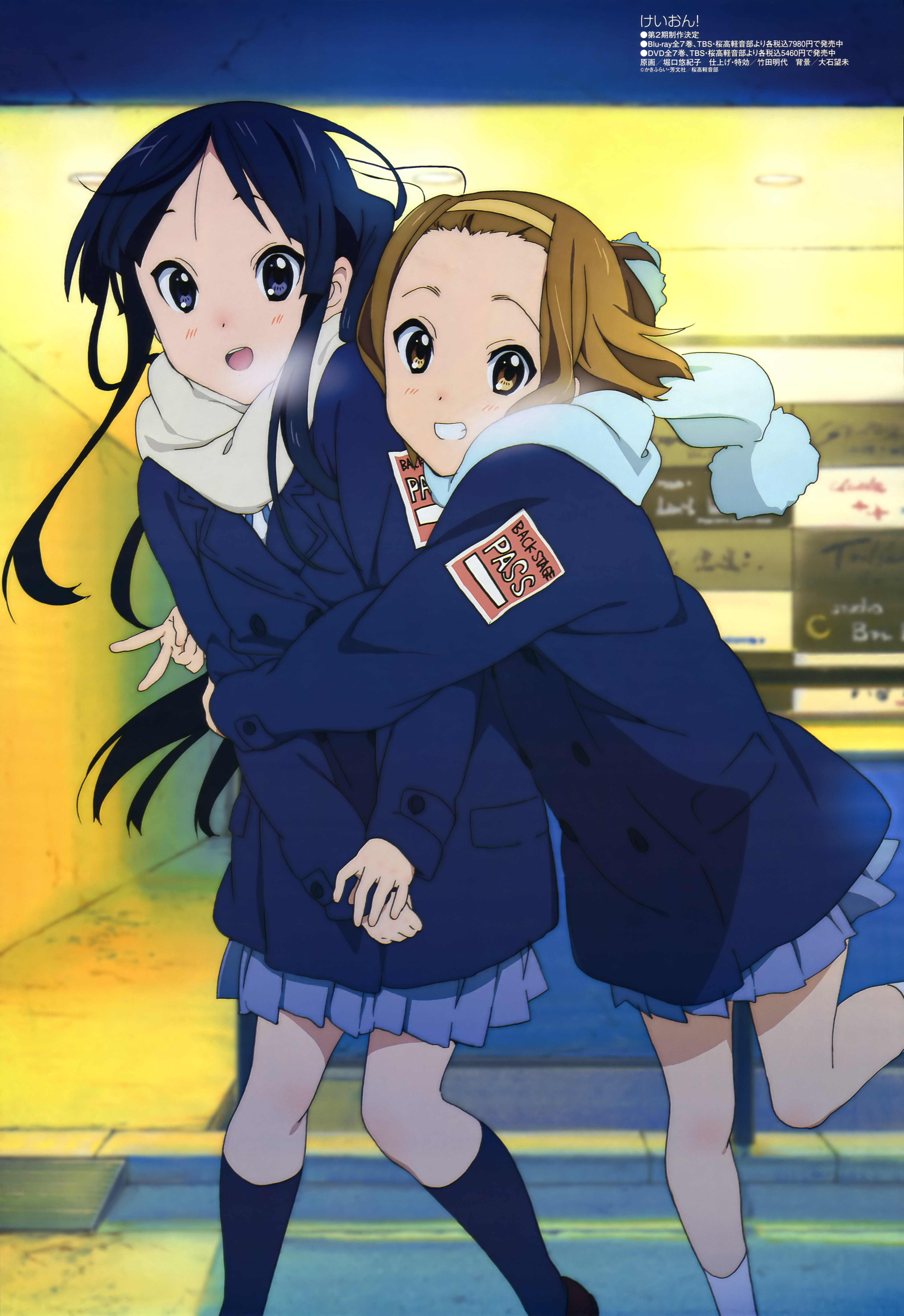 horiguchi yukiko, akiyama mio, tainaka ritsu, k-on!, megami magazine, absurdres, highres, official art, 2girls, black eyes, black hair, blush, breath, brown eyes, brown hair, cold, grin, hairband, long hair, multiple girls, open mouth, scarf, school uniform, short hair, smile, socks, v