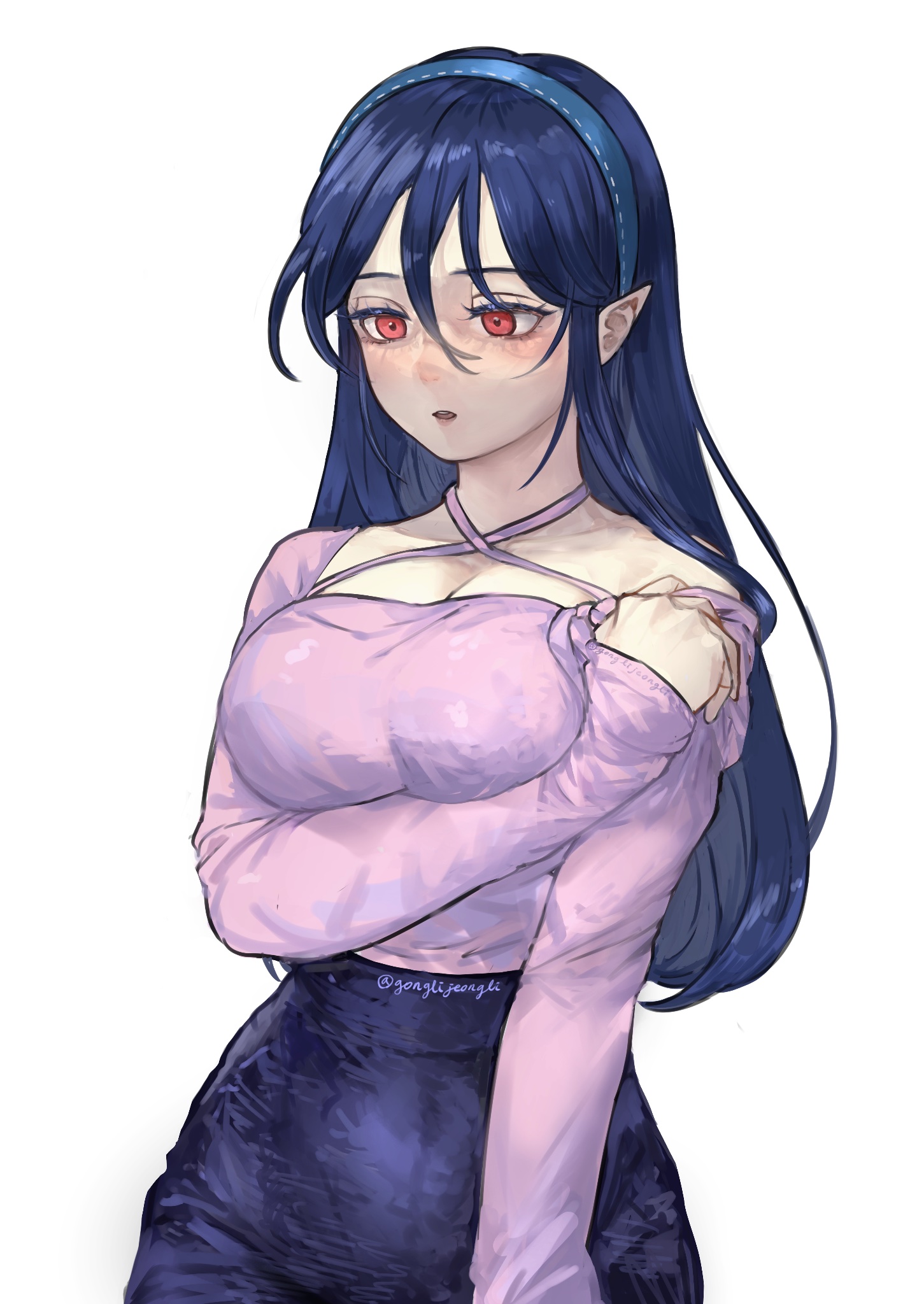 gonglijeongli, iizunamaru megumu, touhou, hashtag-only commentary, highres, 1girl, blue hair, blue hairband, blue skirt, breasts, cleavage, collarbone, contemporary, hairband, large breasts, long hair, pink shirt, pointy ears, red eyes, shirt, simple background, skirt, solo, twitter username, white background