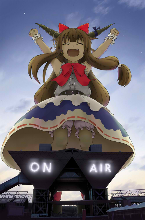 kuro oolong, ibuki suika, tokyo big sight, touhou, bad id, bad pixiv id, 1girl, o/, arms up, bloomers, closed eyes, cloud, fangs, female focus, giant, giantess, oni, outdoors, outstretched arms, sky, solo, standing, underwear, upskirt