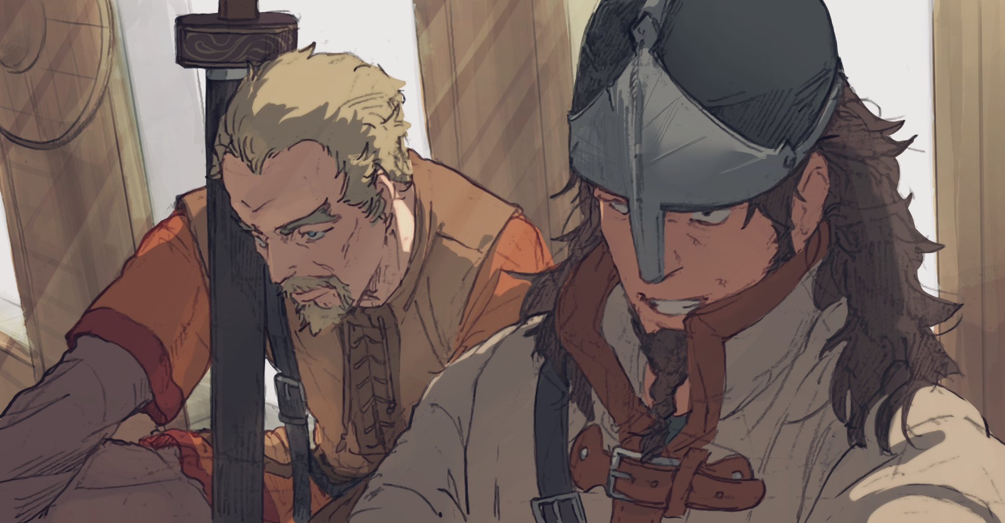 askeladd, bjorn (vinland saga), vinland saga, highres, 2boys, beard, belt, blonde hair, braid, braided beard, brown hair, eshino makiya03, facial hair, goatee, grin, helmet, male focus, mature male, multiple boys, sheath, sheathed, smile, standing, sunlight, thick eyebrows, upper body