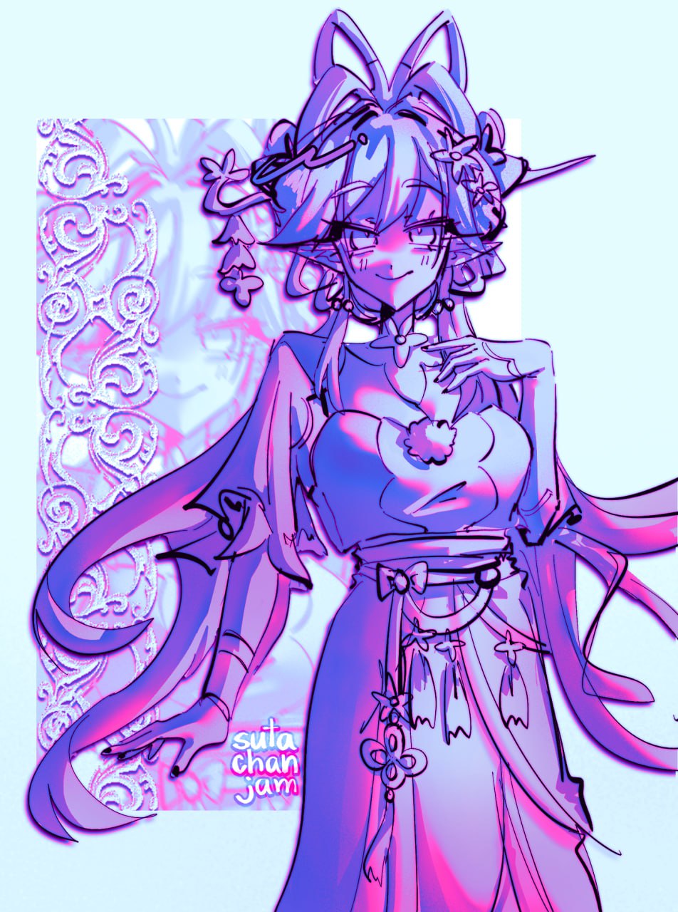 elysia (hi love elf) (honkai impact), elysia (honkai impact), honkai (series), honkai impact 3rd, commentary, english commentary, highres, 1girl, artist name, breasts, chinese clothes, chinese hairstyle, dress, elf, large breasts, long hair, looking at viewer, monochrome, official alternate costume, pointy ears, simple background, smile, solo, sutachanjam, very long hair