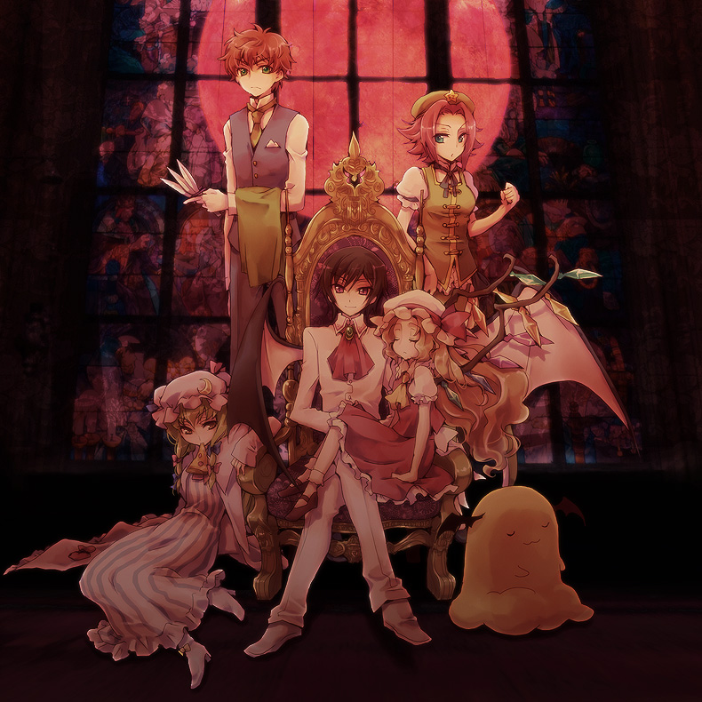 mecco, c.c., cheese-kun, flandre scarlet, hong meiling, izayoi sakuya, koakuma, kouzuki kallen, kururugi suzaku, lelouch vi britannia, nunnally vi britannia, patchouli knowledge, remilia scarlet, code geass, embodiment of scarlet devil, pizza hut, touhou, 2boys, 3girls, bat wings, cosplay, crossover, flandre scarlet (cosplay), full moon, head wings, hong meiling (cosplay), izayoi sakuya (cosplay), koakuma (cosplay), moon, multiple boys, multiple girls, parody, patchouli knowledge (cosplay), red moon, remilia scarlet (cosplay), stained glass, throne, wings