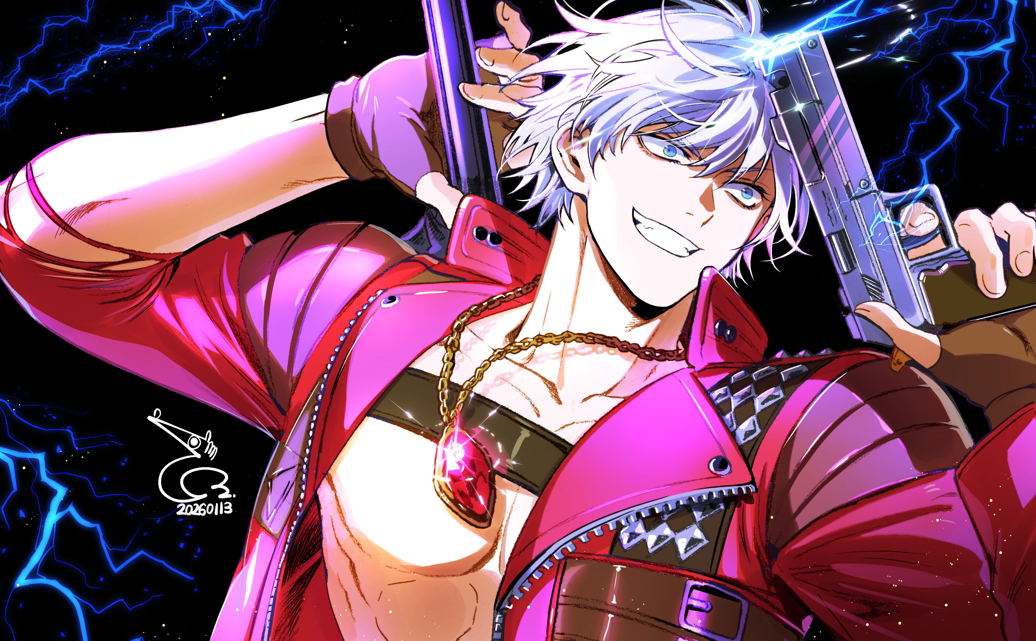 dante (devil may cry), rebellion (sword), devil may cry, devil may cry (series), devil may cry 3, absurdres, hashtag-only commentary, highres, 1boy, baehee5502, blue eyes, coat, dated, ebony & ivory, fingerless gloves, gloves, holding, holding weapon, jacket, male focus, no shirt, red coat, signature, simple background, sword, sword on back, weapon, weapon on back, white hair