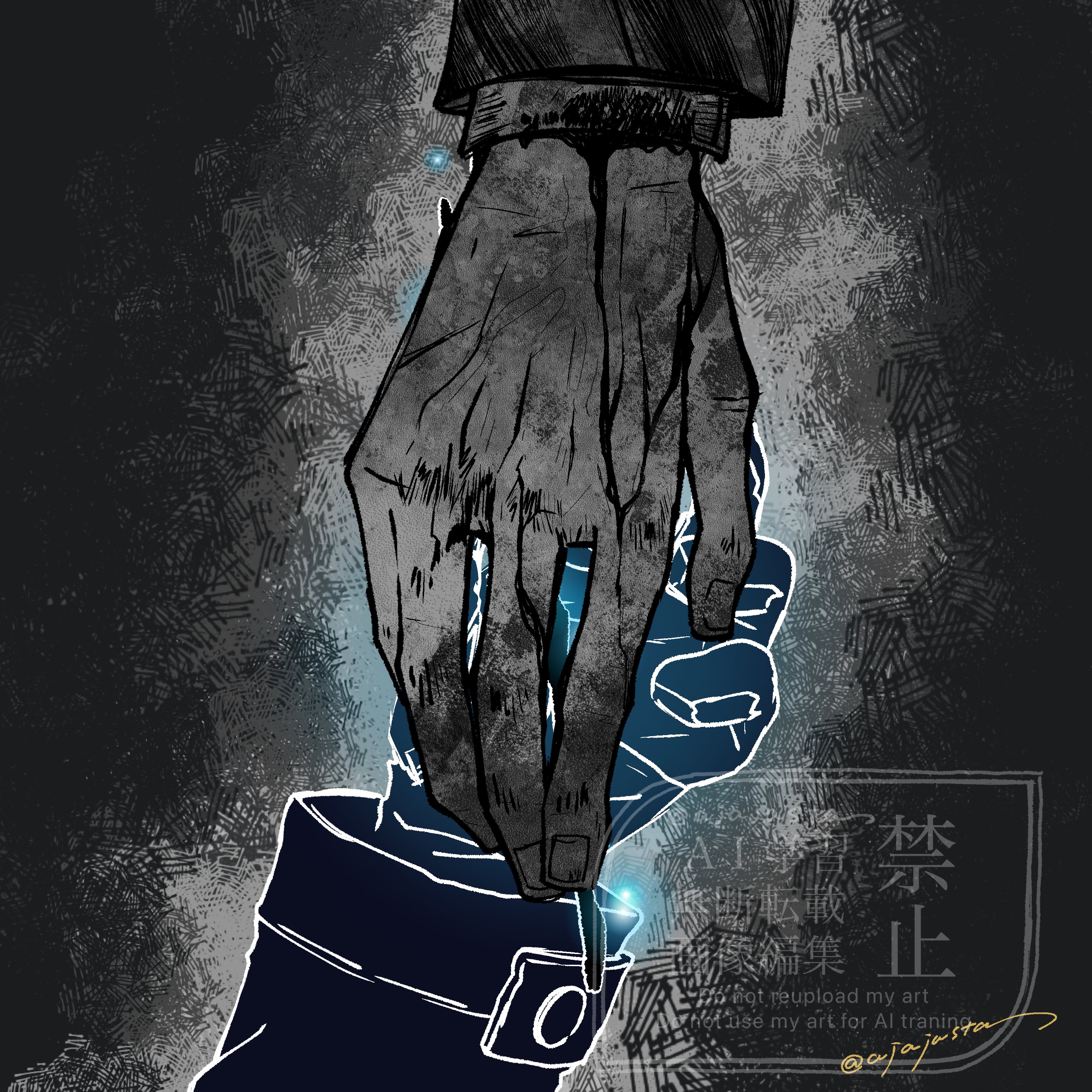 ajajasta, hohenheim (project moon), marton (project moon), limbus company, project moon, absurdres, commentary, highres, spoilers, 2boys, artist name, bleeding, blood, blood on hands, branch, bruise on hand, e.g.o (project moon), english text, gloves, glowing, glowing hands, incoming gift, lantern (e.g.o), layered sleeves, multiple boys, watermark
