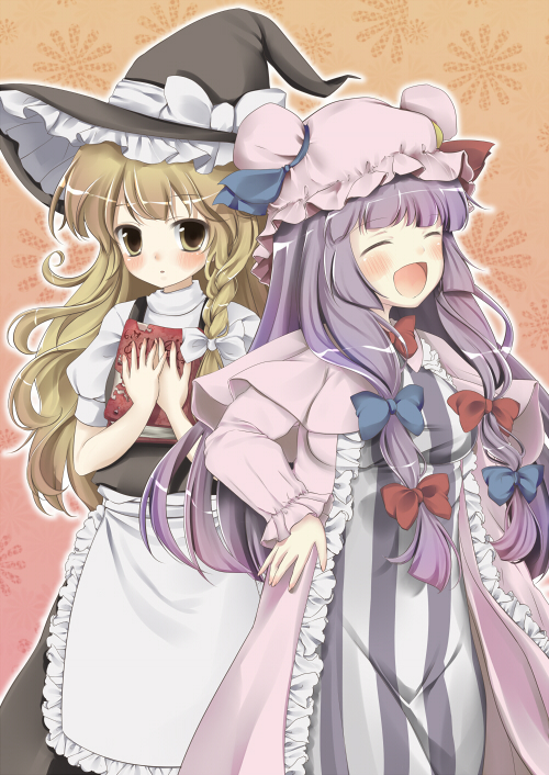 ayase miko, kirisame marisa, patchouli knowledge, touhou, 2girls, apron, blonde hair, blush, book, closed eyes, dress, female focus, frills, hair ribbon, happy, hat, hat ribbon, laughing, long hair, long sleeves, multiple girls, open mouth, purple hair, ribbon, role reversal, short sleeves, witch, yellow eyes