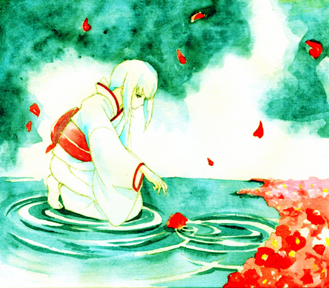 tamari (marfusha), yukishiro tomoe, rurouni kenshin, traditional media, 1girl, alternate hair color, blue theme, camellia, cloud, female focus, flower, japanese clothes, kimono, red theme, sky, solo, water, white hair, white theme