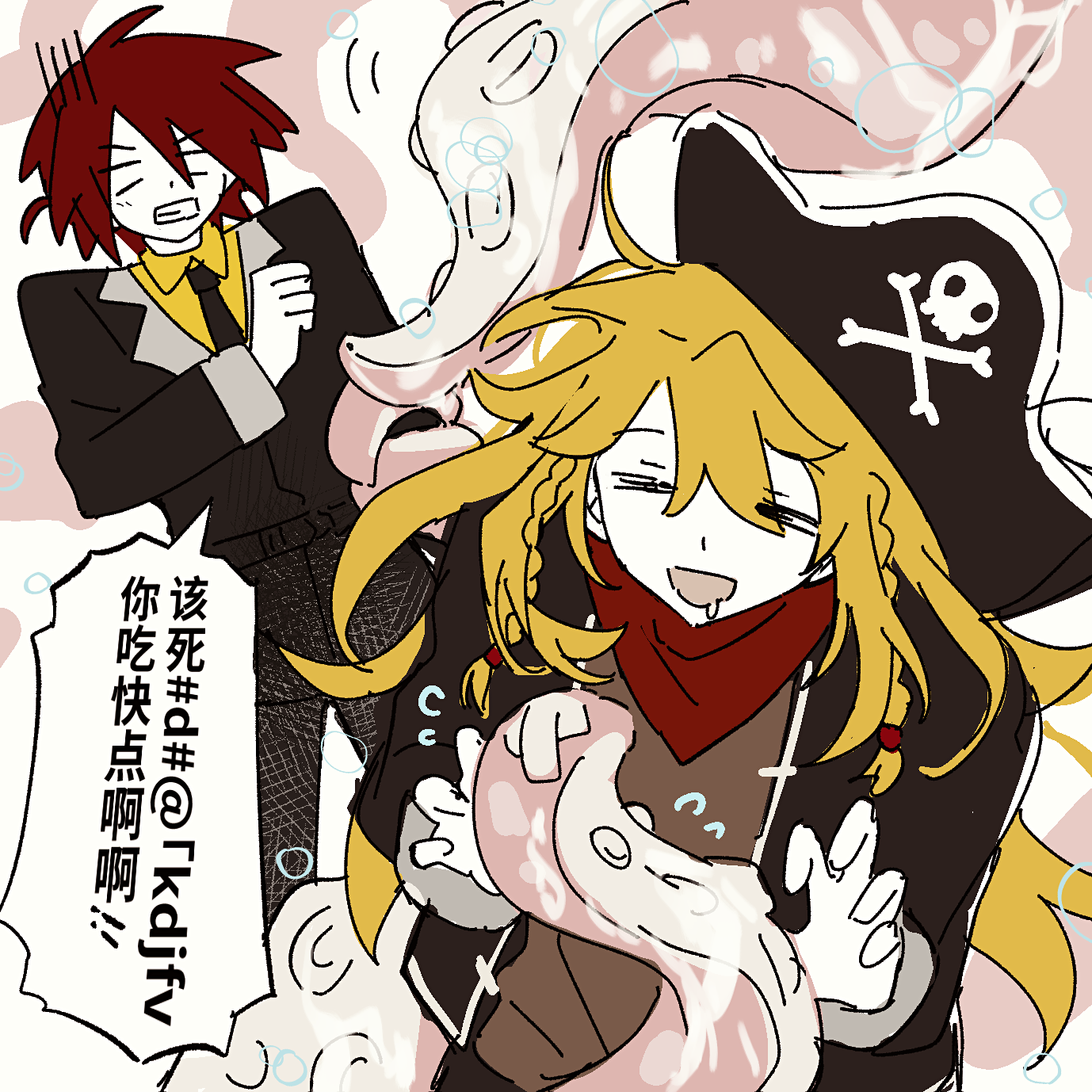 lance (epic battle fantasy), matt (epic battle fantasy), epic battle fantasy, chinese commentary, commentary request, highres, 2boys, :d, anonymous1203, black hat, black jacket, black necktie, black suit, blonde hair, braid, brown shirt, clenched teeth, closed mouth, collared shirt, drooling, formal clothes, hat, jacket, long hair, male focus, multiple boys, neckerchief, necktie, open mouth, pirate hat, red hair, red neckerchief, shirt, sketch, smile, suit, teeth, tentacles, twin braids, upper body, yellow shirt