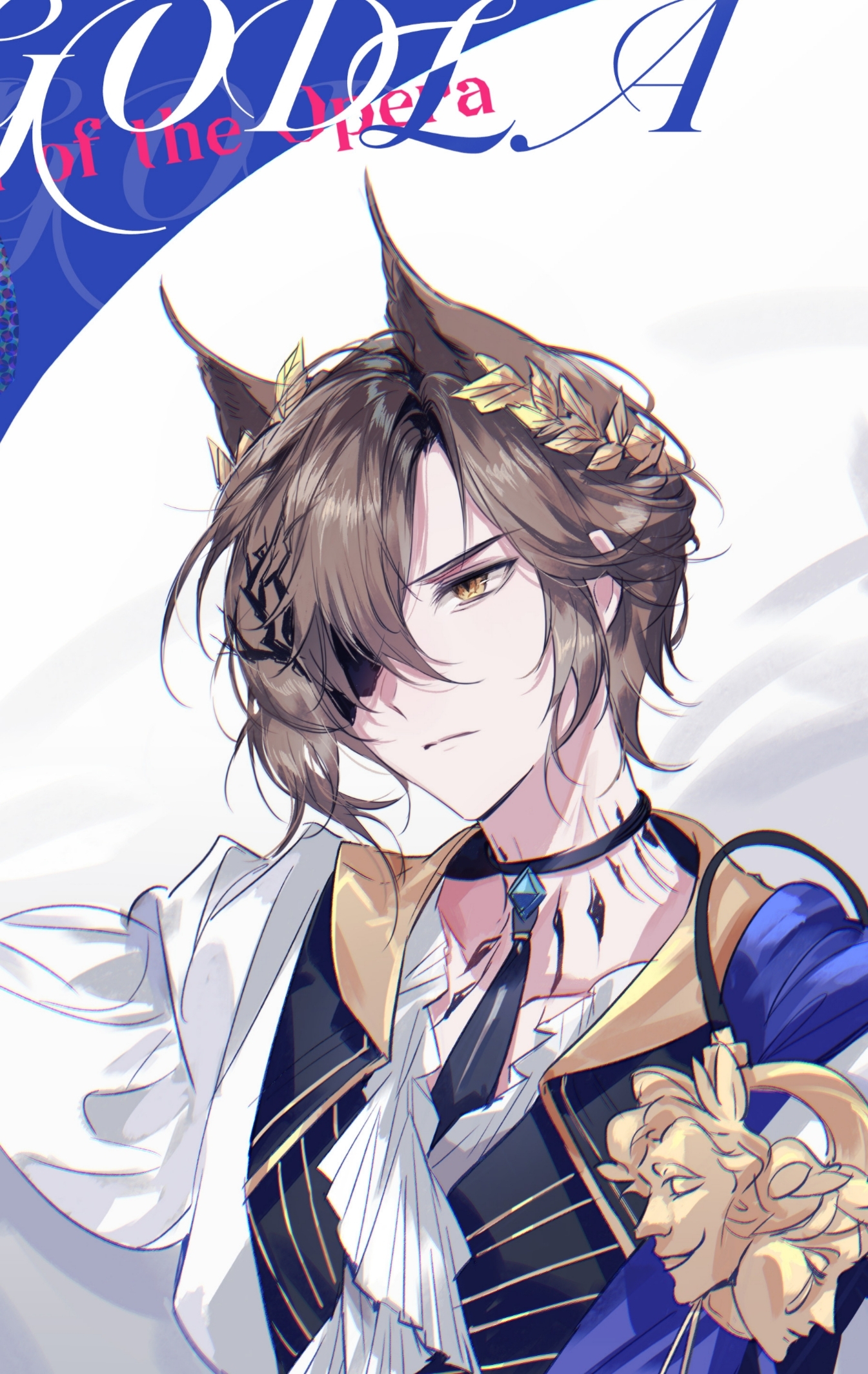 wei huo hu, phantom (arknights), tragodia (arknights), arknights, chinese commentary, commentary request, highres, 1boy, ancient greek clothes, animal ears, ascot, black choker, black jacket, black necktie, blue sash, brooch, brown hair, cape, cat boy, cat ears, character name, choker, closed mouth, collarbone, english text, extra ears, eyepatch, greco-roman clothes, hair over one eye, himation, jacket, jewelry, laurel crown, looking ahead, male focus, material growth, necktie, one eye covered, oripathy lesion (arknights), sash, serious, short hair, solo, upper body, white ascot, white background, white cape, yellow eyes