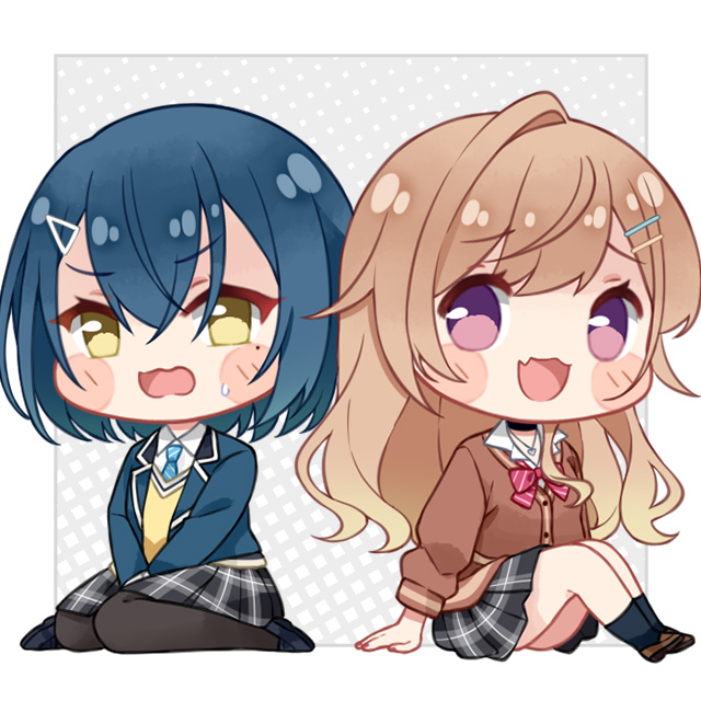 fpsmoe, satou yumiko, watanabe chika, seiyuu radio no uraomote, commentary, english commentary, 2girls, black choker, black pantyhose, black socks, blue hair, blue jacket, blue necktie, blush, bow, bowtie, brown cardigan, brown hair, cardigan, chibi, chibi only, choker, collared shirt, diagonal-striped clothes, diagonal-striped necktie, fang, gyaru, hair ornament, hairclip, heart, heart necklace, jacket, jewelry, long hair, medium hair, mole, mole under eye, multiple girls, necklace, necktie, open clothes, open jacket, open mouth, pantyhose, pleated skirt, purple eyes, red bow, red bowtie, shirt, single hair intake, skin fang, skirt, socks, striped bow, striped bowtie, striped clothes, sweatdrop, triangle hair ornament, vest, white shirt, yellow eyes, yellow vest