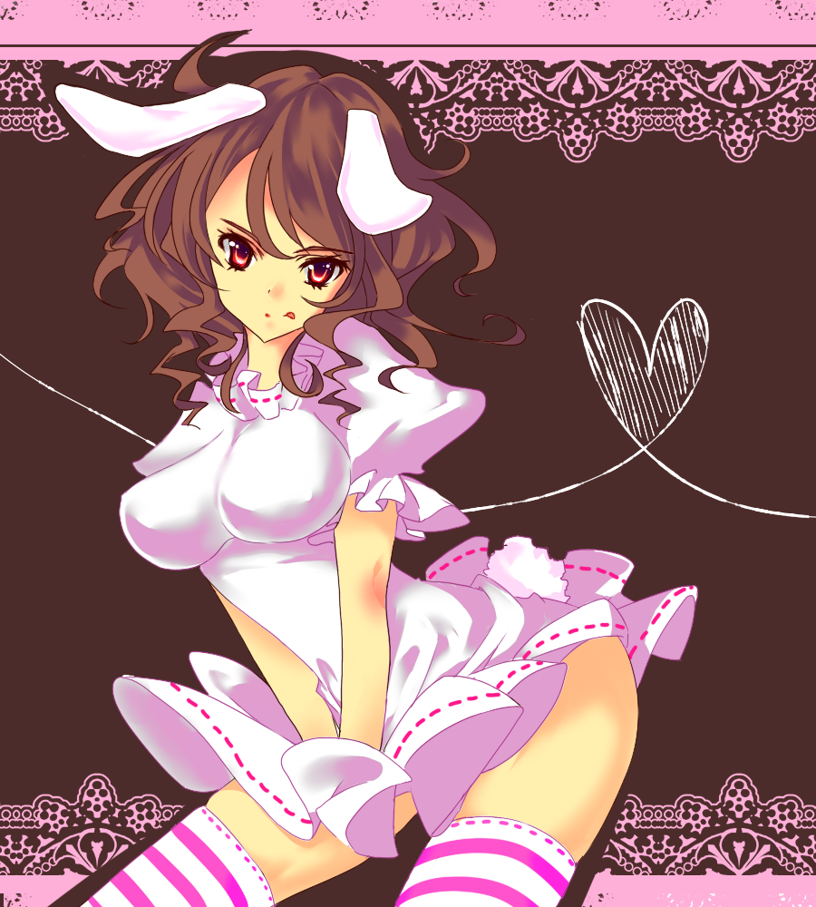 jinniku kakarichou, inaba tewi, touhou, bad id, bad pixiv id, 1girl, :p, aged up, alternate breast size (larger), animal ears, breasts, brown hair, dress, female focus, heart, hip focus, impossible clothes, impossible shirt, large breasts, miniskirt, pink dress, pink skirt, rabbit ears, rabbit girl, rabbit tail, red eyes, shirt, short hair, skirt, solo, tail, thighhighs, tongue, tongue out