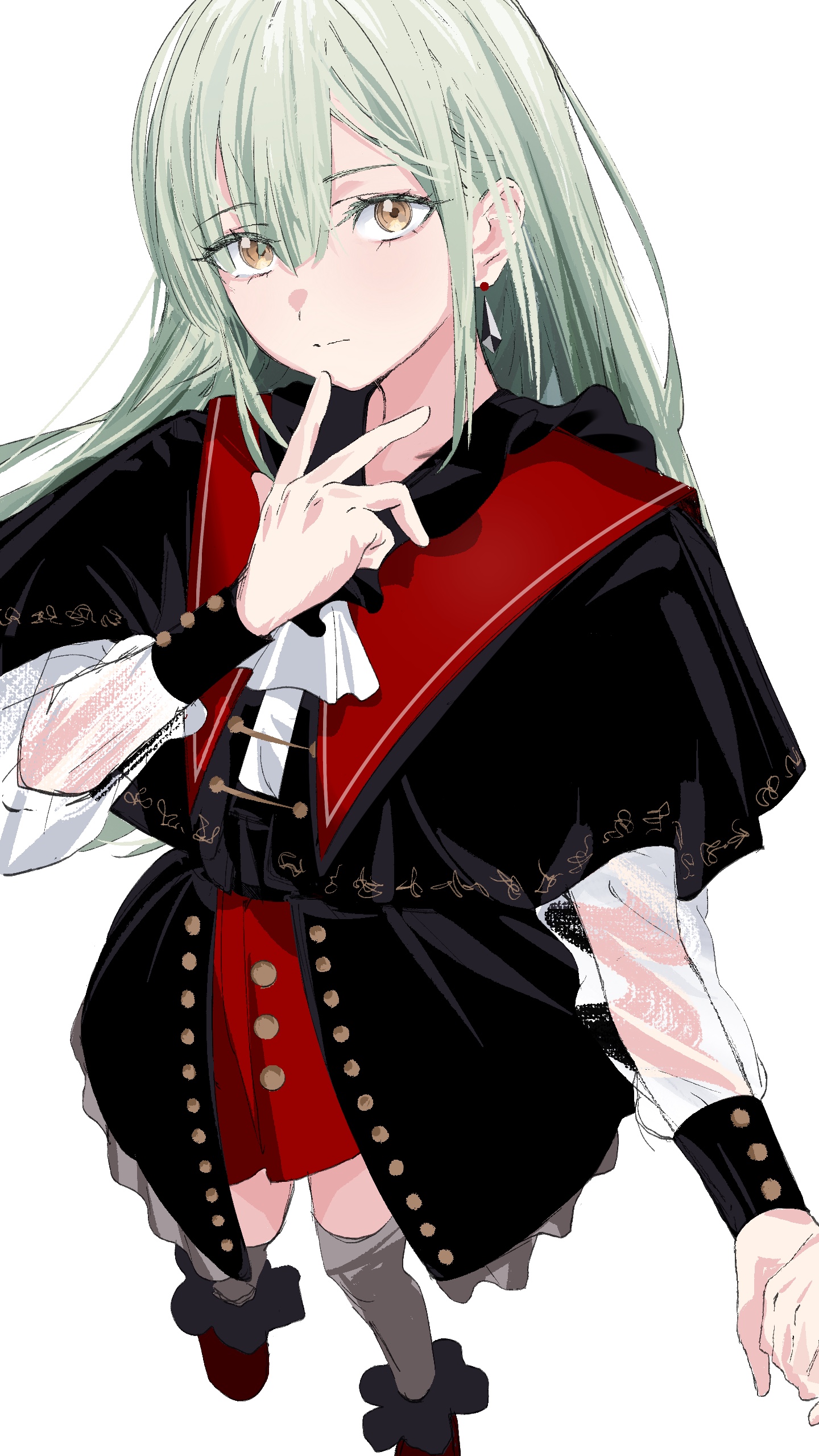 peke (pekeiscat), mortis (bang dream!), mortis (costume) (bang dream!), wakaba mutsumi, bang dream!, bang dream! it's mygo!!!!!, absurdres, commentary, hashtag-only commentary, highres, 1girl, ascot, black capelet, black skirt, capelet, earrings, green hair, grey thighhighs, hair between eyes, hand up, jewelry, long hair, long sleeves, looking at viewer, red shoes, red shorts, see-through clothes, see-through sleeves, shirt, shoes, shorts, shorts under skirt, sidelocks, simple background, skirt, solo, thighhighs, white ascot, white background, white shirt, yellow eyes