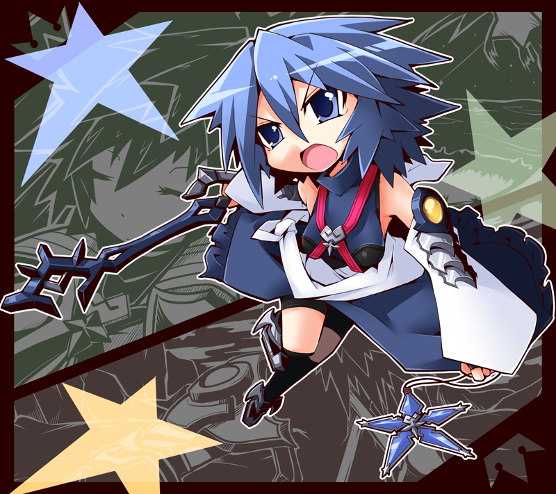 reku, aqua (kingdom hearts), terra (kingdom hearts), ventus (kingdom hearts), kingdom hearts, kingdom hearts birth by sleep, 1girl, 2boys, bike shorts, blue eyes, blue hair, keyblade, multiple boys, open mouth, short hair, star (symbol), thighhighs