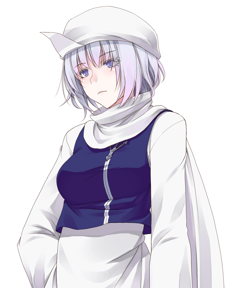 crote, letty whiterock, touhou, commentary request, large variant set, variant set, 1girl, apron, breasts, closed mouth, cropped vest, expressionless, hand on own hip, hat, lapel pin, long sleeves, medium breasts, purple eyes, purple hair, purple vest, scarf, short hair, solo, tachi-e, transparent background, vest, white apron, white hat, white scarf, wide sleeves