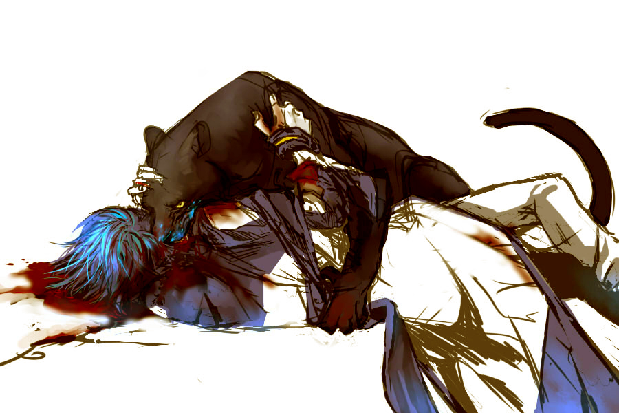 mao718, black panther, kaito (vocaloid), vocaloid, 1boy, animal, blood, blue hair, death, guro, male focus, panther, short hair, solo
