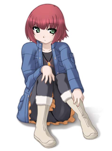 ooba kou, suou pavlichenko, darker than black, boots, green eyes, jacket, jewelry, panties, panties under pantyhose, pantyhose, pendant, red hair, skirt, solo, underwear, upskirt