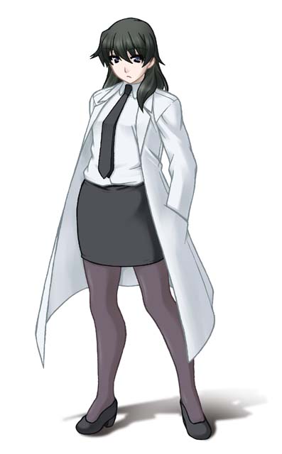 ooba kou, kiyama harumi, toaru kagaku no railgun, toaru majutsu no index, 1girl, black eyes, black hair, blue eyes, brown hair, female focus, hands in pockets, lab coat, legs, long hair, necktie, pantyhose, pencil skirt, skirt, solo