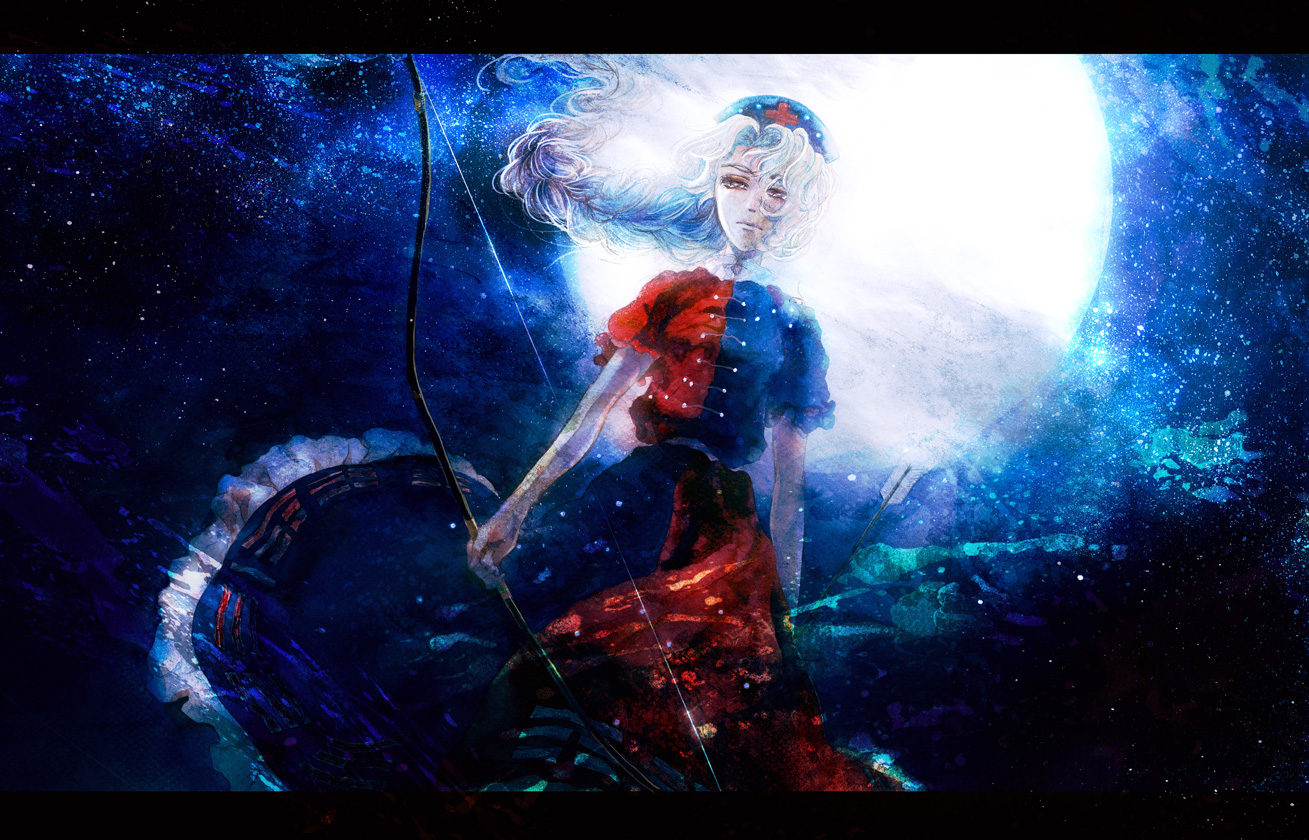 kyachi, pepepo, yagokoro eirin, touhou, silver hair, 1girl, arrow (projectile), bow (weapon), braid, dutch angle, female focus, half-closed eyes, hat, long hair, long skirt, moon, serious, skirt, solo, weapon, wind