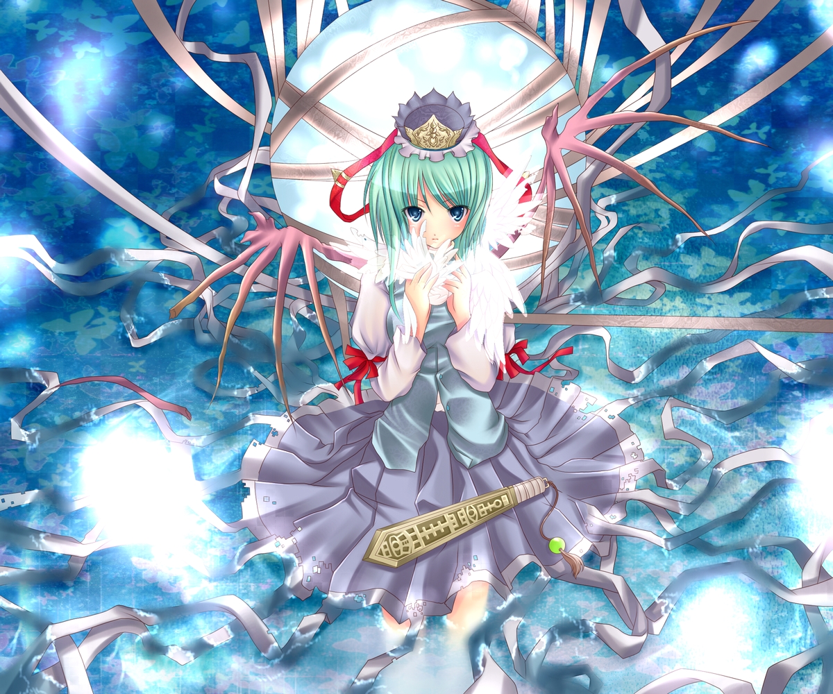 maryquant, shiki eiki, touhou, bad id, bad pixiv id, 1girl, blue eyes, female focus, green hair, hat, partially submerged, ribbon, rod of remorse, short hair, solo, standing, water