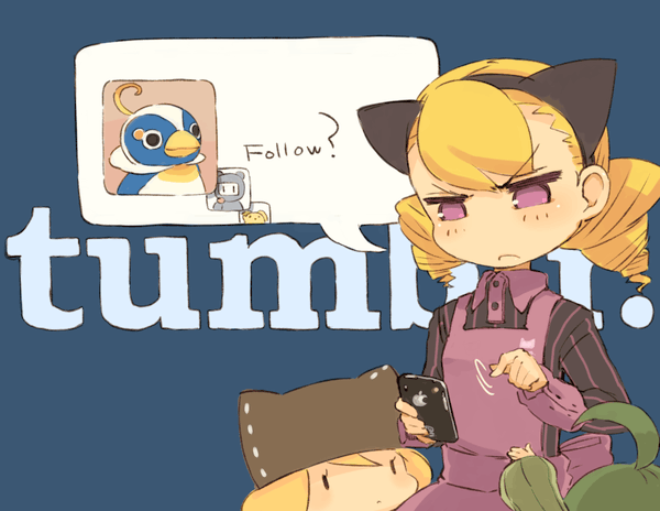 mota, wooser (character), original, tumblr, twitter, 3girls, animal ears, animal hat, blonde hair, cellphone, chibi, drill hair, frown, green hair, hat, iphone, multiple girls, phone, purple eyes, short hair, smartphone, twin drills, twintails