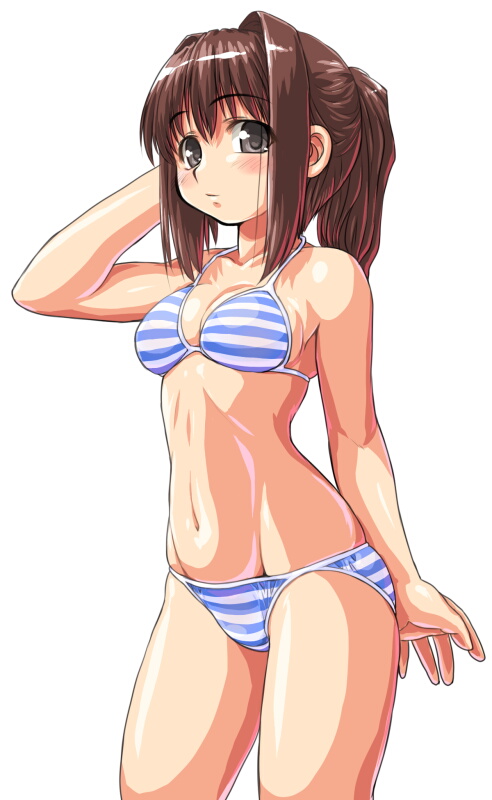 dd (ijigendd), original, bad id, bad pixiv id, 1girl, bikini, breasts, brown eyes, brown hair, cowboy shot, curvy, female focus, hair intakes, halterneck, medium breasts, ponytail, short hair, simple background, solo, striped bikini, striped clothes, swimsuit, white background