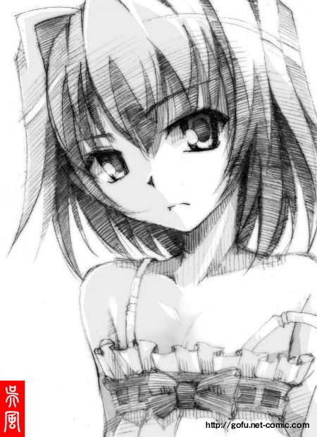 gofu, shizuku (omamori himari), omamori himari, traditional media, 1girl, female focus, greyscale, monochrome, sketch, solo, strap slip