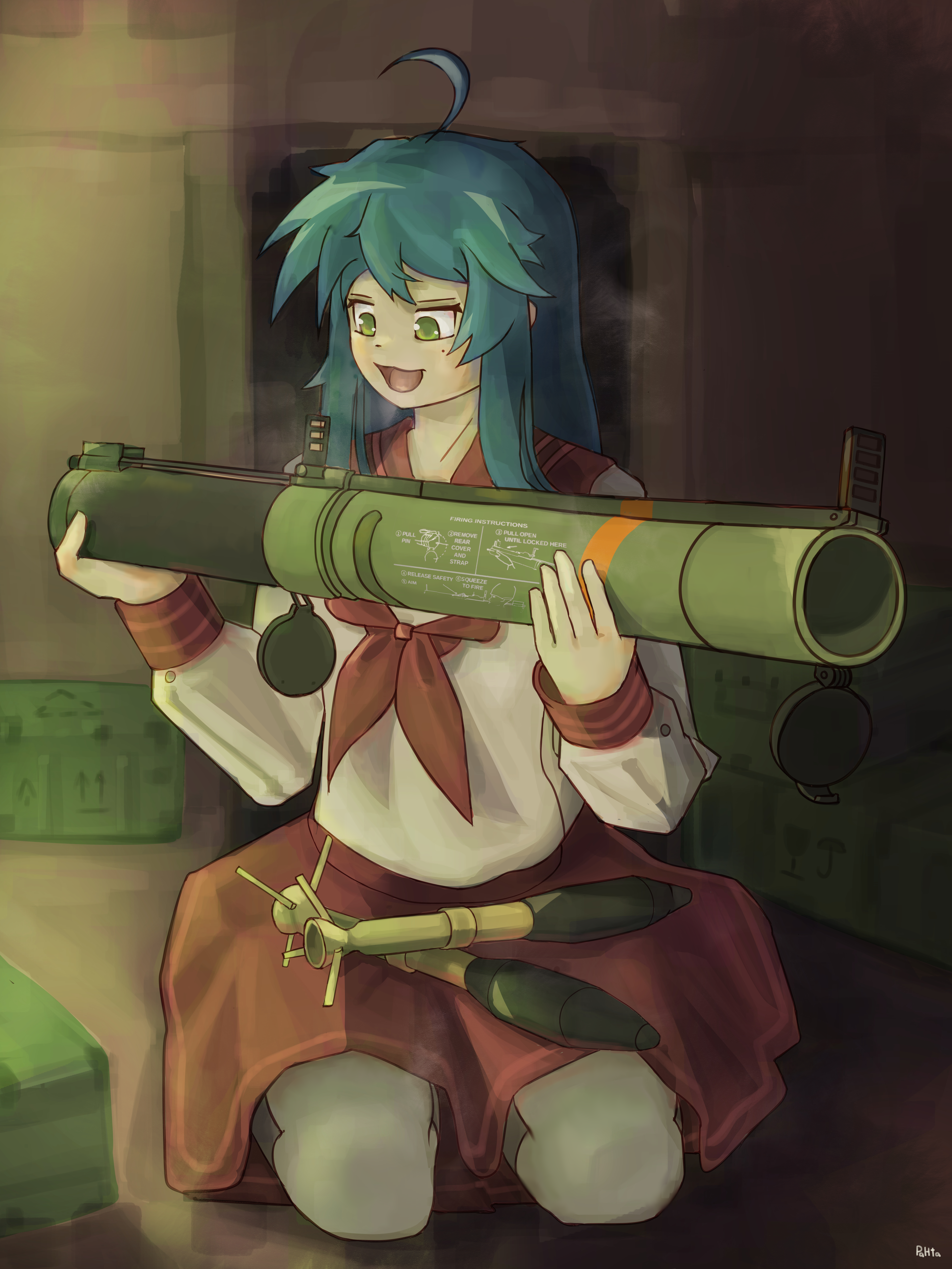 izumi konata, lucky star, absurdres, highres, non-web source, blue hair, bow, green eyes, holding, holding weapon, m72 law, mole, mole under eye, pahta, red bow, red skirt, rocket launcher, ryouou school uniform, school uniform, shirt, skirt, smile, socks, weapon, white shirt, white socks