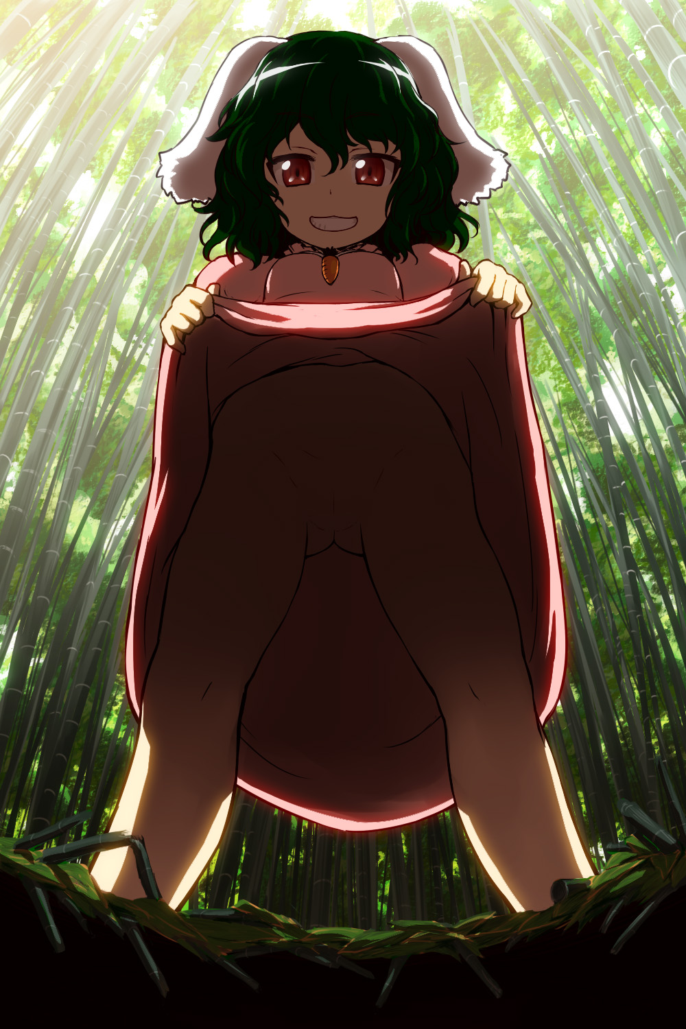 itou yuuji, inaba tewi, touhou, highres, 1girl, anger vein, animal ears, backlighting, bamboo, bamboo forest, black hair, brown eyes, carrot, carrot necklace, censored, cleft of venus, clothes lift, female focus, flashing, forest, from below, grin, jewelry, loli, looking at viewer, looking down, nature, naughty face, necklace, no panties, outdoors, pendant, pov, pussy, rabbit ears, red eyes, shadow, short hair, skirt, skirt lift, smile, solo, solo focus, upskirt, wavy hair