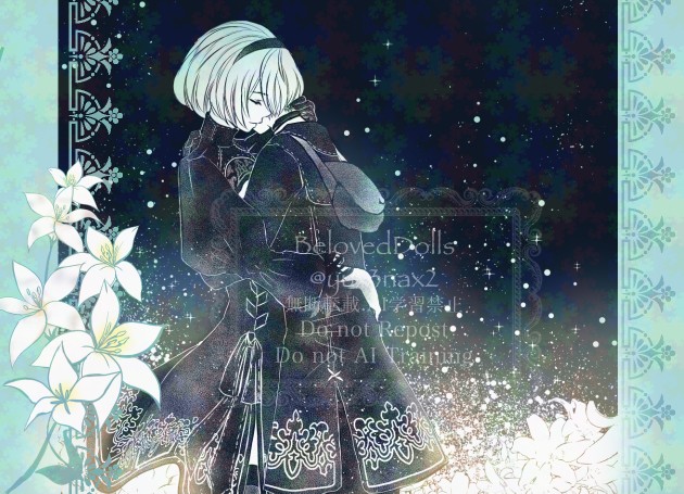 yux3nax2, 2b (nier:automata), 9s (nier:automata), nier:automata, nier (series), commentary, 1boy, 1girl, black dress, black hairband, black jacket, closed eyes, dress, flower, from side, hairband, hug, jacket, white hair