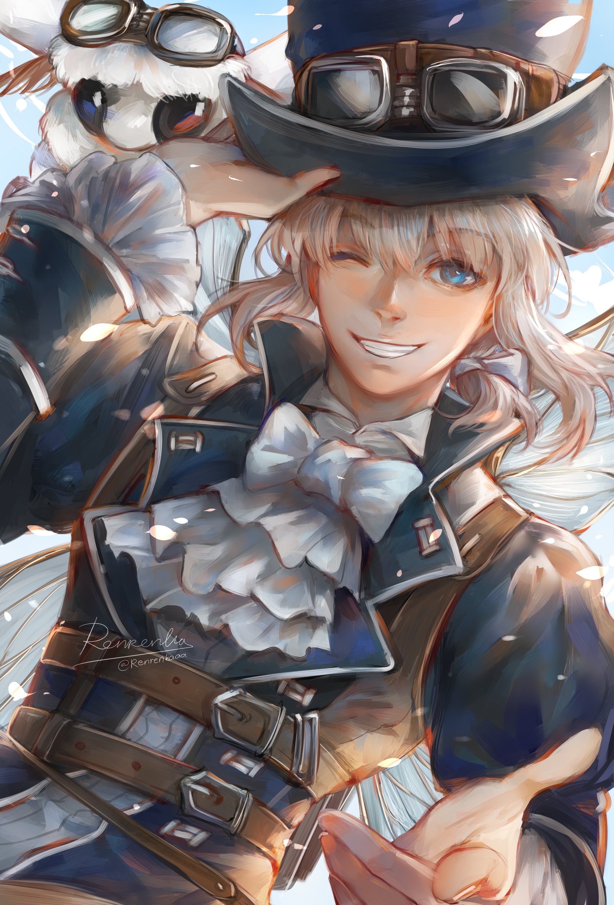 renrenka noi, blanca (fate), oberon (exhibition attire) (fate), oberon (fate), fate/grand order, fate (series), absurdres, commentary, english commentary, highres, 1boy, ascot, belt, black hat, blue eyes, blue jacket, bow, grey hair, grin, hat, jacket, long sleeves, looking at viewer, male focus, multiple belts, one eye closed, smile, solo, steampunk, white ascot, white bow