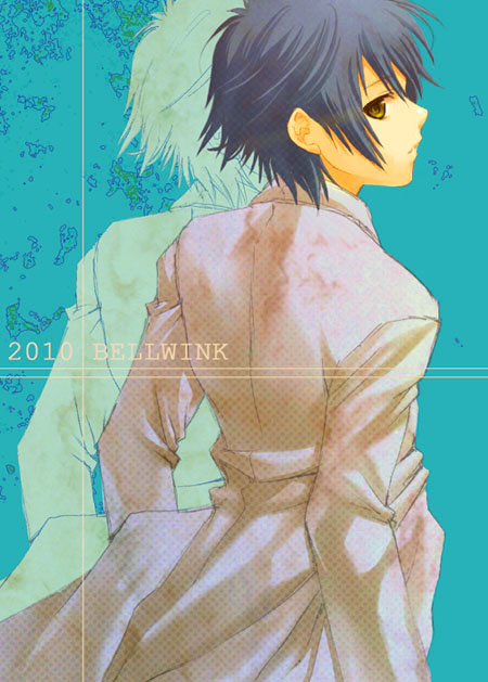 seiru (prairie), shadow (persona), shirogane naoto, atlus, persona, persona 4, 10s, 1girl, 2010, androgynous, blue hair, coat, female focus, lab coat, looking back, reverse trap, short hair, solo, yellow eyes