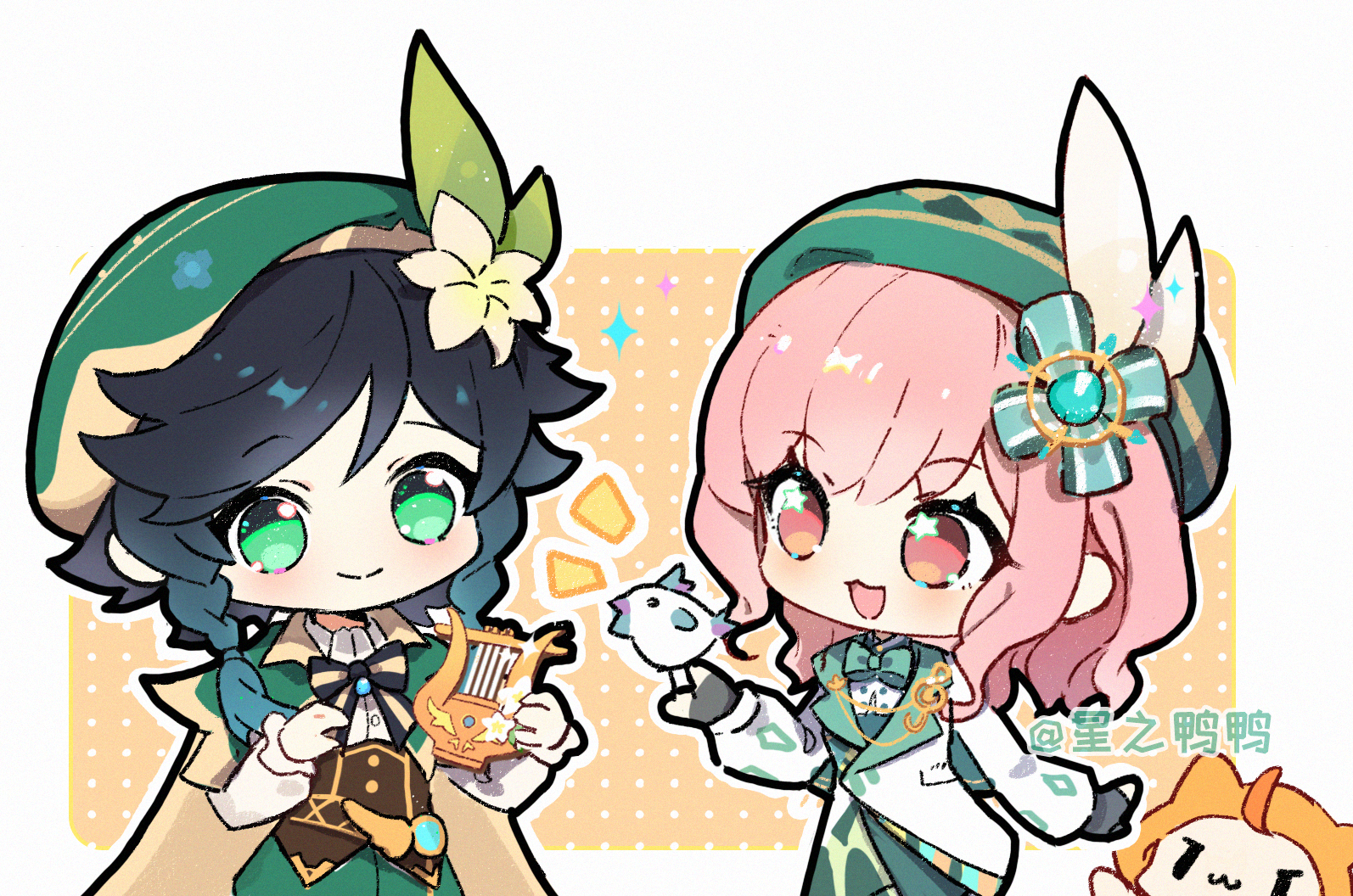 cherilynorz, ambird (infinity nikki), meadow symphony (infinity nikki), momo (nikki), nikki (nikki), venti (genshin impact), genshin impact, infinity nikki, nikki (series), chinese commentary, commentary request, 1boy, 1girl, animal, argyle clothes, argyle hat, artist name, baggy shorts, beret, bird, bird on hand, black bow, black bowtie, black gloves, black hair, border, bow, bowtie, braid, brown corset, brown eyes, buttons, cape, capelet, cat, chibi, closed mouth, clothed animal, coat, collared capelet, collared coat, collared shirt, contrast lapels, corset, cowboy shot, crossover, dress shirt, fingerless gloves, floral print, flower, frilled sleeves, frills, gem, gem hair ornament, gloves, gold buttons, gradient hair, green bow, green bowtie, green capelet, green eyes, green gem, green hat, green shorts, hair bow, hair flower, hair ornament, hair tie, halftone, halftone background, happy, hat, hat feather, holding, holding instrument, holding lyre, instrument, lapel pin, lapels, leaf hair ornament, light blush, lily (flower), long hair, long sleeves, looking at another, lyre, multicolored hair, musical note brooch, notched lapels, notice lines, open mouth, orange background, outline, outside border, outstretched hand, pink hair, pocket, print headwear, puffy long sleeves, puffy sleeves, shirt, shorts, single stripe, smile, sparkle, striped bow, striped bowtie, striped clothes, tareme, traditional bowtie, treble clef, twin braids, vision (genshin impact), wavy hair, white border, white cape, white cat, white coat, white flower, white outline, white shirt