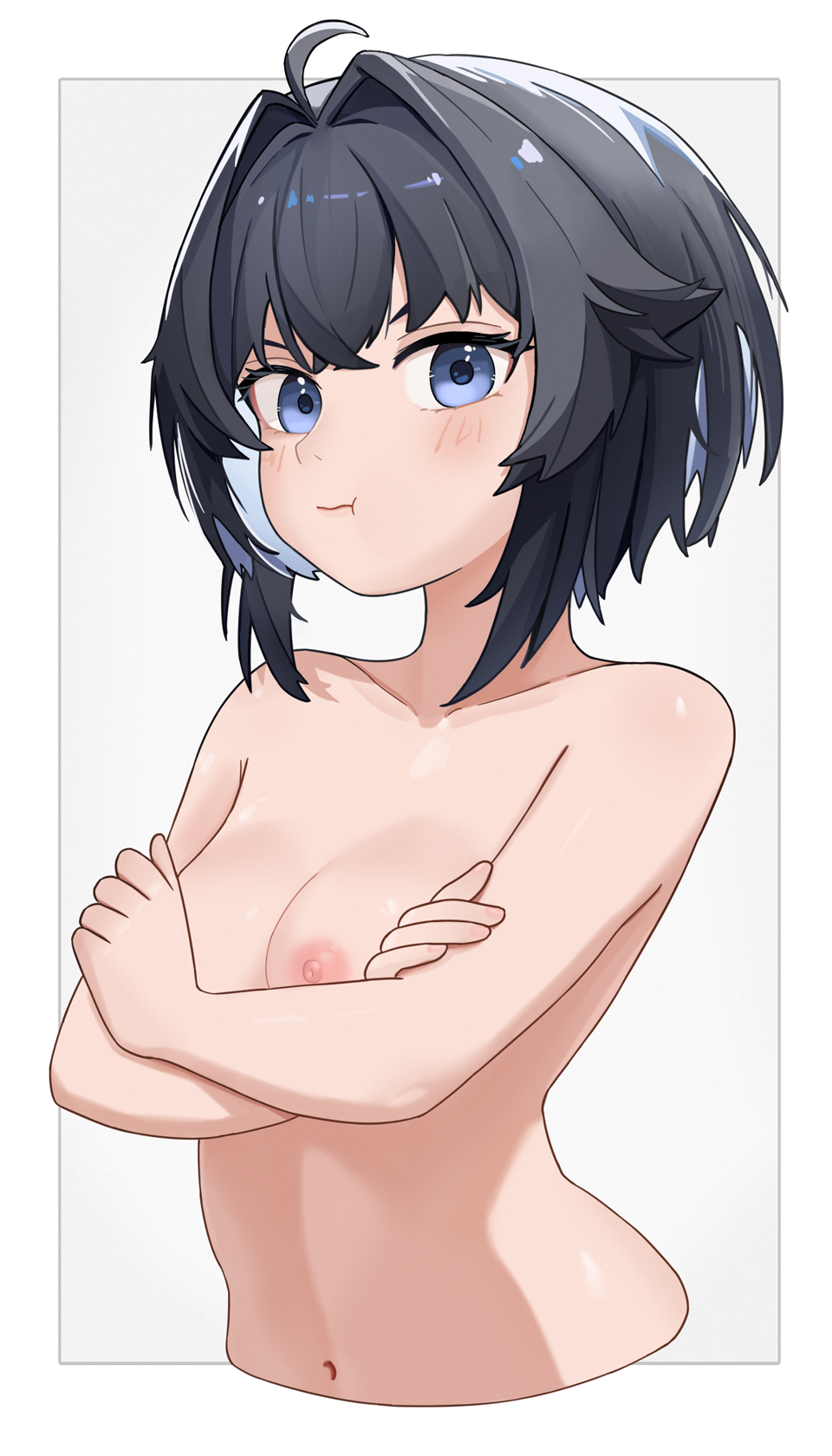 original, chinese commentary, commentary request, highres, 1girl, ahoge, black hair, blue eyes, breasts, cropped torso, crossed arms, hair intakes, looking at viewer, medium breasts, mo xiaolan, navel, nipples, nude, pout, short hair, solo, upper body