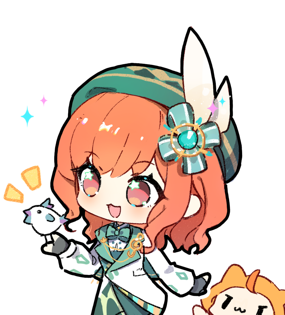 cherilynorz, ambird (infinity nikki), meadow symphony (infinity nikki), momo (nikki), infinity nikki, nikki (series), chinese commentary, commentary request, 1girl, ahoge, animal, argyle clothes, argyle hat, beret, bird, bird on hand, black gloves, bow, bowtie, brown eyes, buttons, cat, chibi, cloak, clothed animal, coat, collared coat, contrast lapels, cowboy shot, dress shirt, ear covers, eyelashes, fingerless gloves, gem, gem hair ornament, gloves, green bow, green bowtie, green gem, green hat, green shorts, hair bow, happy, hat, hat feather, hood, hood up, hooded cloak, lapel pin, lapels, light blush, long sleeves, looking ahead, medium hair, musical note brooch, notched lapels, notice lines, open mouth, orange hair, outline, outstretched hand, pocket, puffy long sleeves, puffy sleeves, shirt, shorts, simple background, smile, sparkle, standing, star (symbol), star in eye, symbol in eye, tareme, traditional bowtie, treble clef, wavy hair, white background, white bird, white cat, white coat, white outline, white shirt, yellow cloak