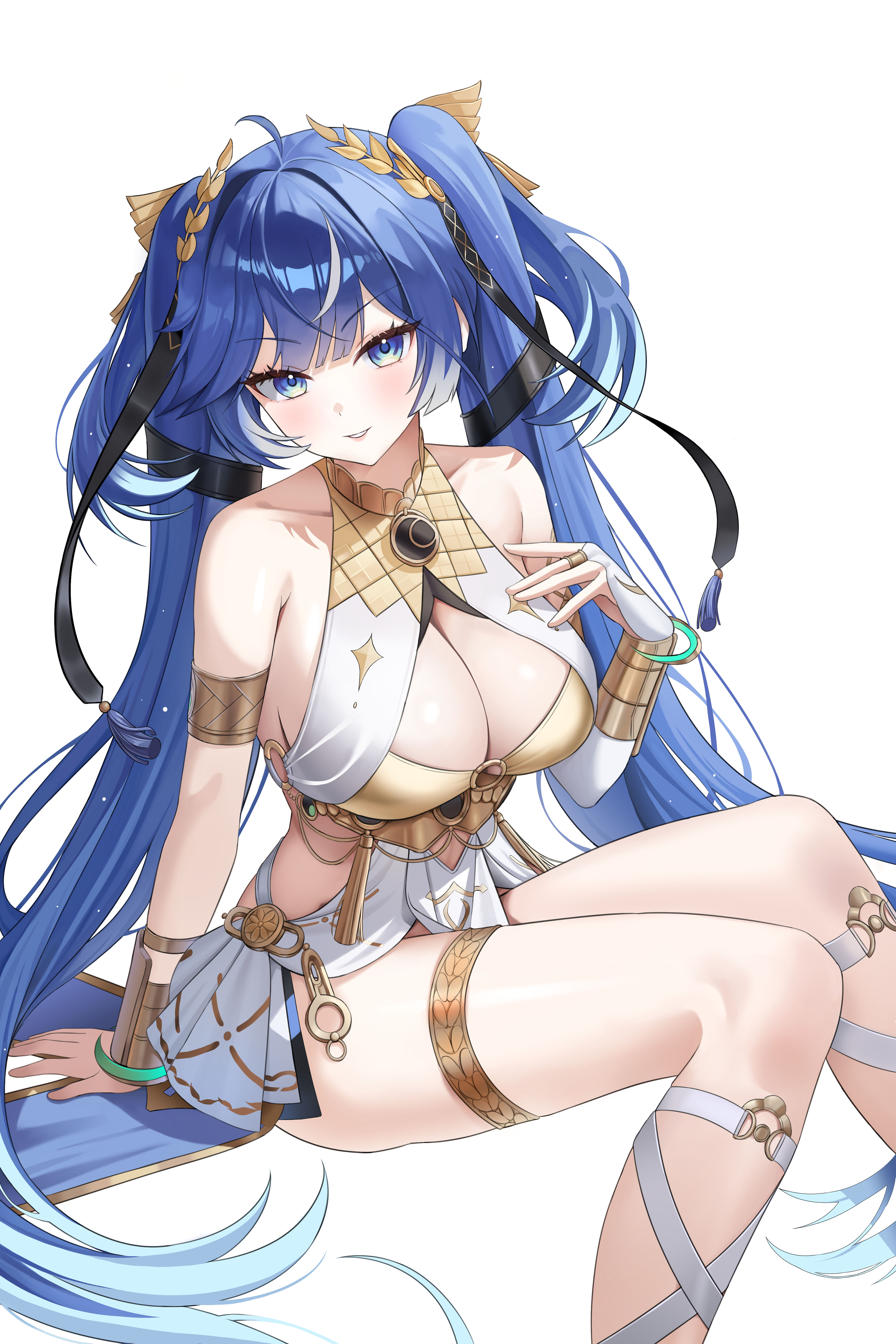 aillatoste, iuno (wuthering waves), wuthering waves, absurdres, commentary, highres, 1girl, ahoge, ancient greek clothes, armlet, bare shoulders, blue eyes, blue hair, blush, breasts, bridal gauntlets, feet out of frame, gold bra, gradient hair, greco-roman clothes, hand up, jewelry, large breasts, laurel crown, long hair, looking at viewer, multicolored hair, parted lips, simple background, single bridal gauntlet, sitting, smile, solo, streaked hair, thighlet, thighs, twintails, vambraces, very long hair, white background, white bridal gauntlets