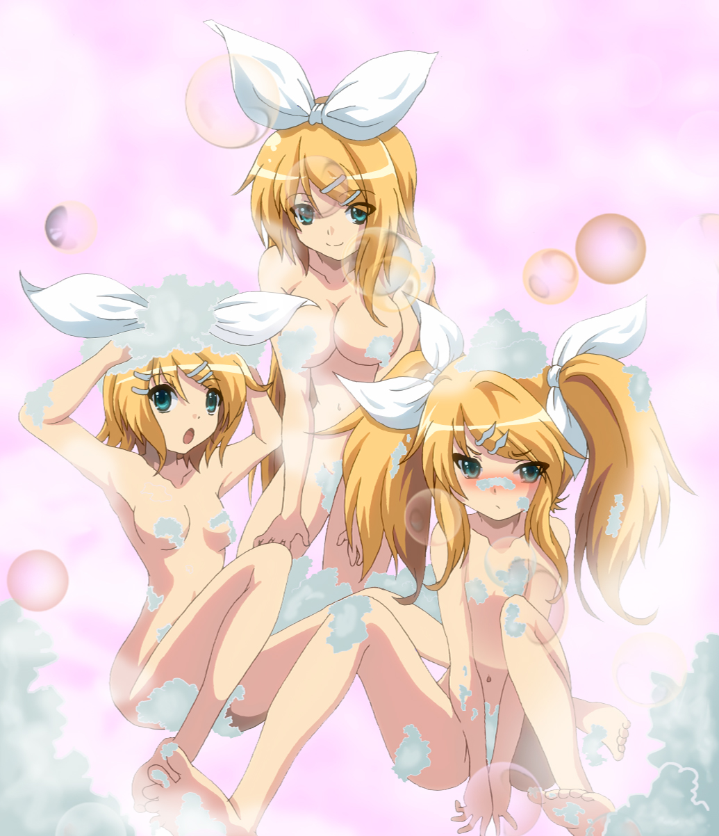 dr. cryptoso, kagamine rin, kagamine rin (future style), kagamine rin (reactor), roshin yuukai (vocaloid), vocaloid, highres, 1girl, aged down, aged up, barefoot, bath, between legs, blonde hair, blush, breasts, bubble, censored, convenient censoring, dual persona, feet, flat chest, hair ornament, hair ribbon, hairclip, loli, long hair, multiple persona, nude, ribbon, short hair, soap, soles, spread toes, time paradox, toes, twintails