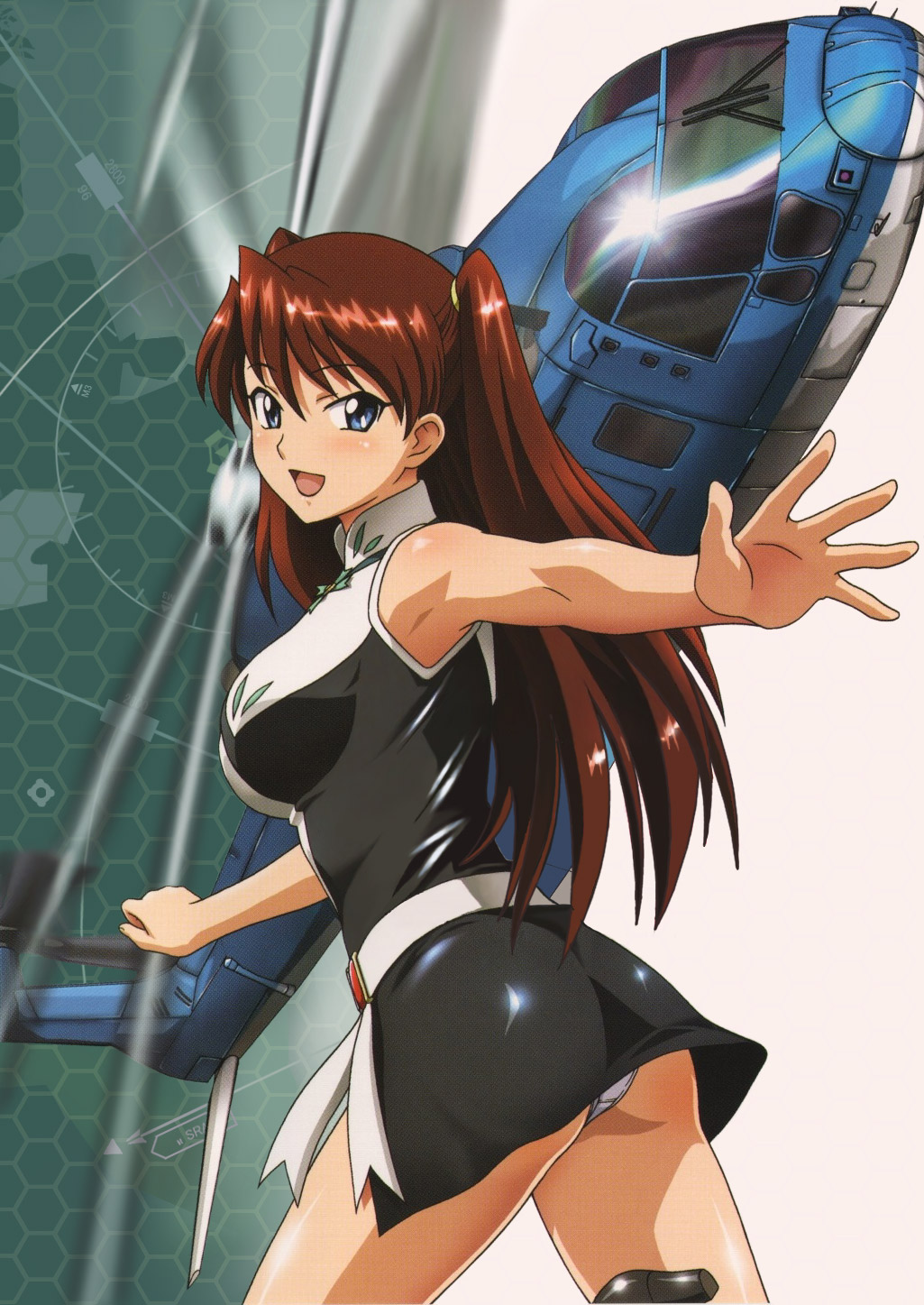 agustawestland aw101, shingai eri, aika (series), aika r-16, highres, non-web source, 1girl, aircraft, armpits, ass, bare legs, blue eyes, blush, brown hair, cover, female focus, helicopter, huge ass, long hair, looking at viewer, looking back, miniskirt, open mouth, panties, pantyshot, shiny skin, skirt, smile, solo, twintails, underwear, upskirt, very long hair, white panties