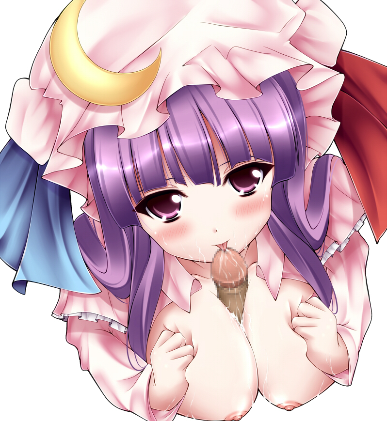 mikan (5555), patchouli knowledge, touhou, bad id, bad pixiv id, 1girl, breasts, censored, crescent, crescent moon, cum, deep skin, large breasts, moon, mosaic censoring, paizuri, penis, precum, purple eyes, purple hair, saliva, solo focus, tongue