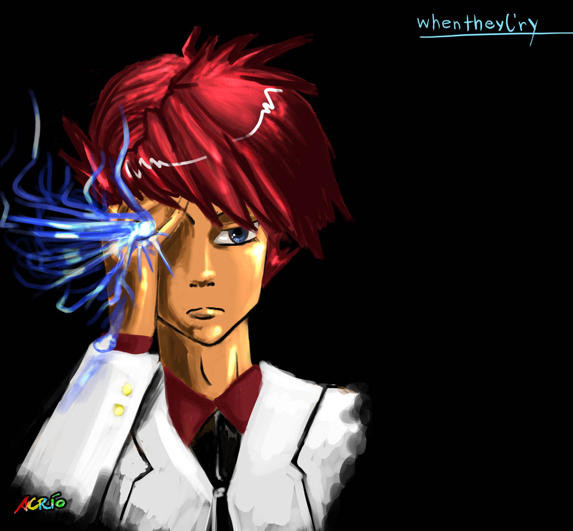 acrio (artist), ushiromiya battler, umineko no naku koro ni, light, tagme, blue eyes, eye beam, facepalm, formal clothes, glowing, glowing eyes, male focus, necktie, red hair, suit, text focus