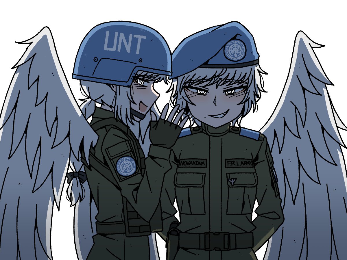karepack, original, commentary, english commentary, 2girls, @ @, angel, angel wings, belt around waist, beret, blue hat, blue helmet, blush, braid, braided ponytail, feathered wings, fingerless gloves, from side, gloves, green gloves, green jacket, hand up, hat, helmet, jacket, long hair, looking at viewer, looking to the side, military uniform, multiple girls, open mouth, pocket, profile, short hair, shoulder pads, simple background, smirk, soldier, teeth, united nations, upper body, white background, white eyes, white hair, white wings, wings